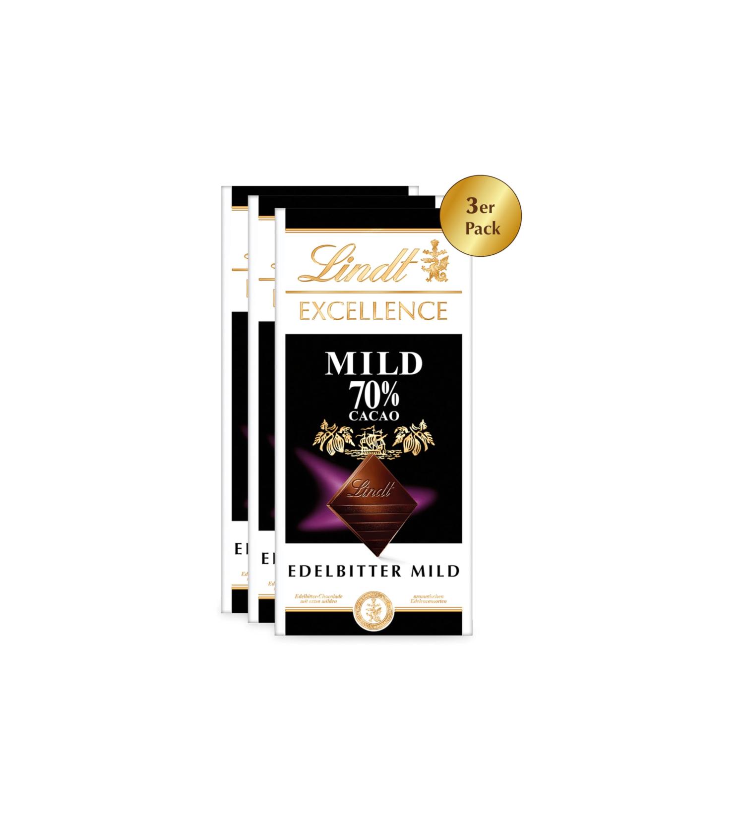 Lindt Chocolate EXCELLENCE mild 70% cocoa mild and bitter chocolate set of 3 x 100 g extra mild bitter chocolate Intense cocoa flavour | Dark chocolate vegan - Buy Online on GoSupps.com
