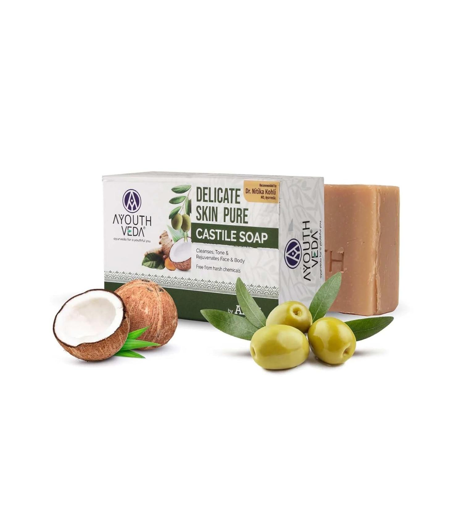 Delicate Skin Pure Castile Soap - Handmade with Tulsi Neem Coconut & Olive Oil | Cleansing & Rejuvenating Natural Soap for Sensitive Skin - Buy Online on GoSupps.com