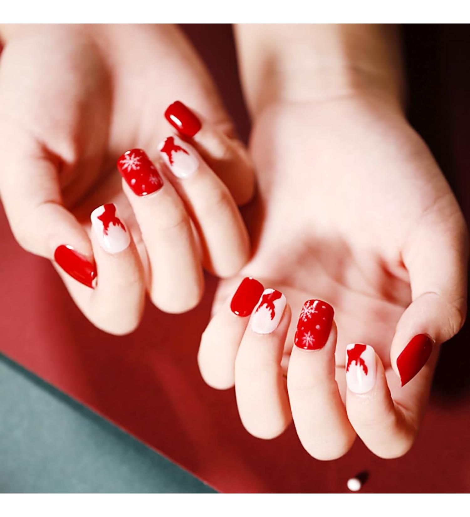 Brishow Christmas Artificial Nails - 24 Pieces Festive Press-On Short Red Nails with Moose & Snow Design for Women & Girls - Buy Online on GoSupps.com
