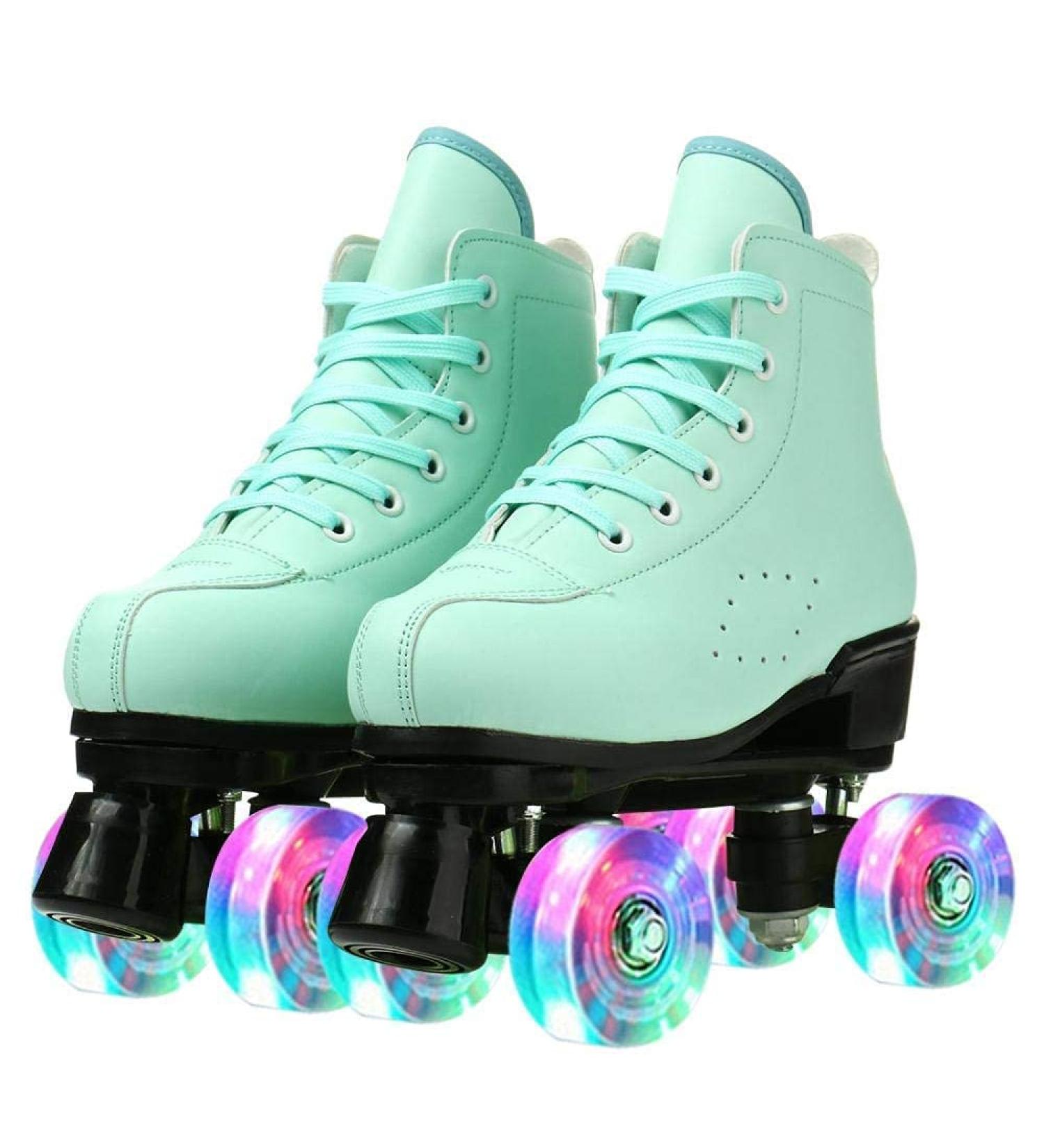 Cowhide High-Top Double-Row Roller Skates for Women and Men - Green Flash - Size 40US 7.5 - Buy Online on GoSupps.com