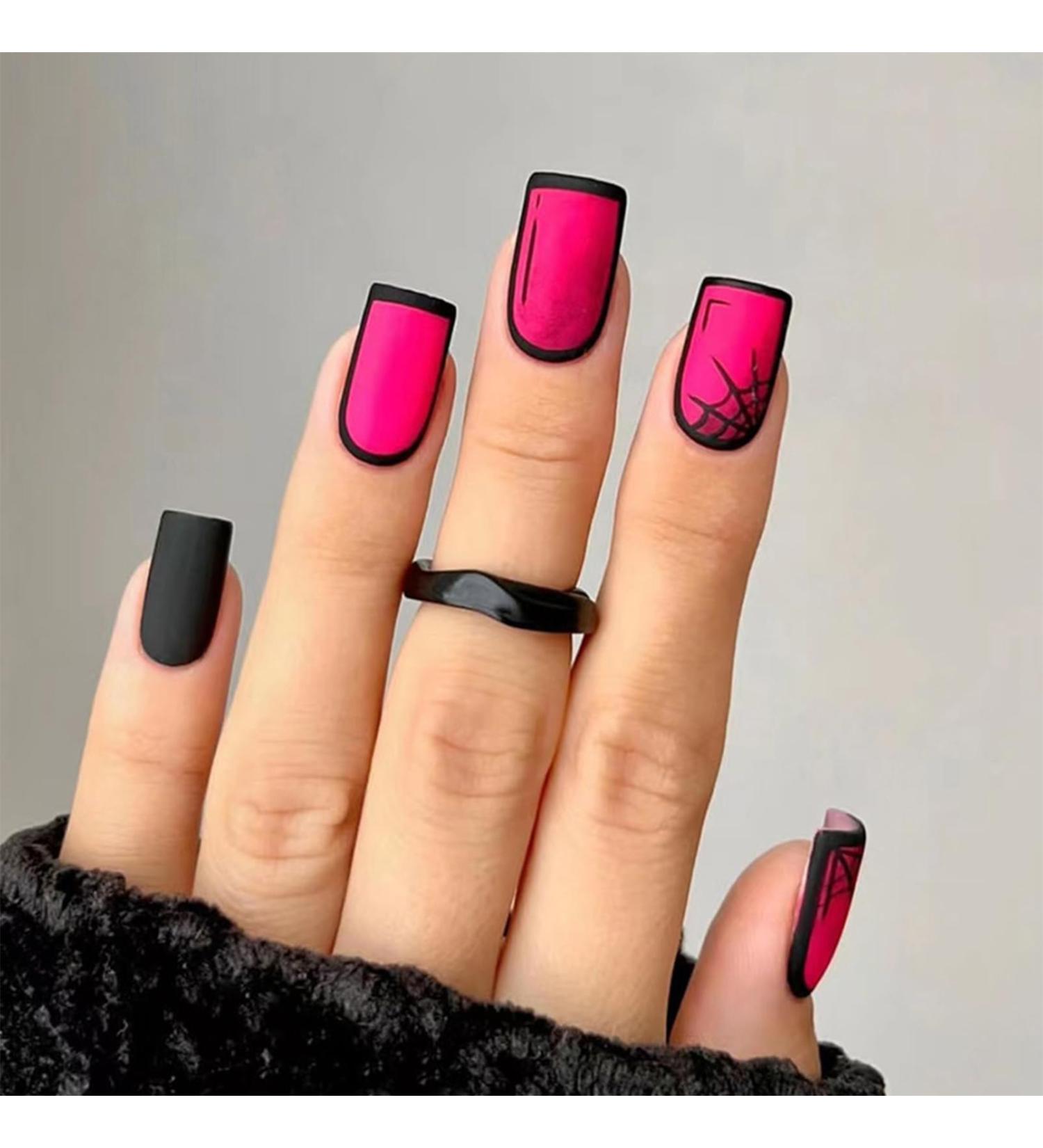 Halloween Fake Nails - Short Square Spiderweb Designs - Pink & Black Press on Nails for Women and Girls - Buy Online on GoSupps.com