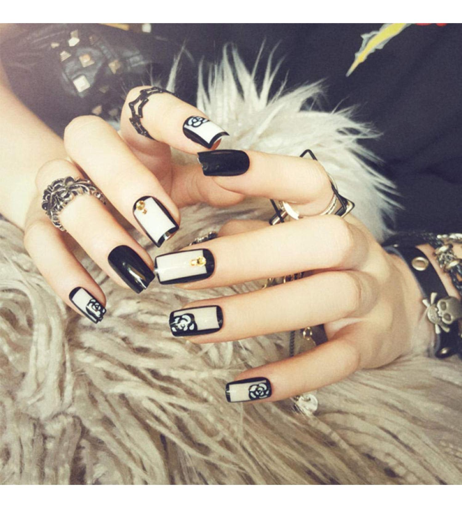Hujl 24-Piece Bling Bowknot Punk Black & White Artificial Nails Set | Easy Full Lid Nail Art for Stunning Looks - Buy Online on GoSupps.com