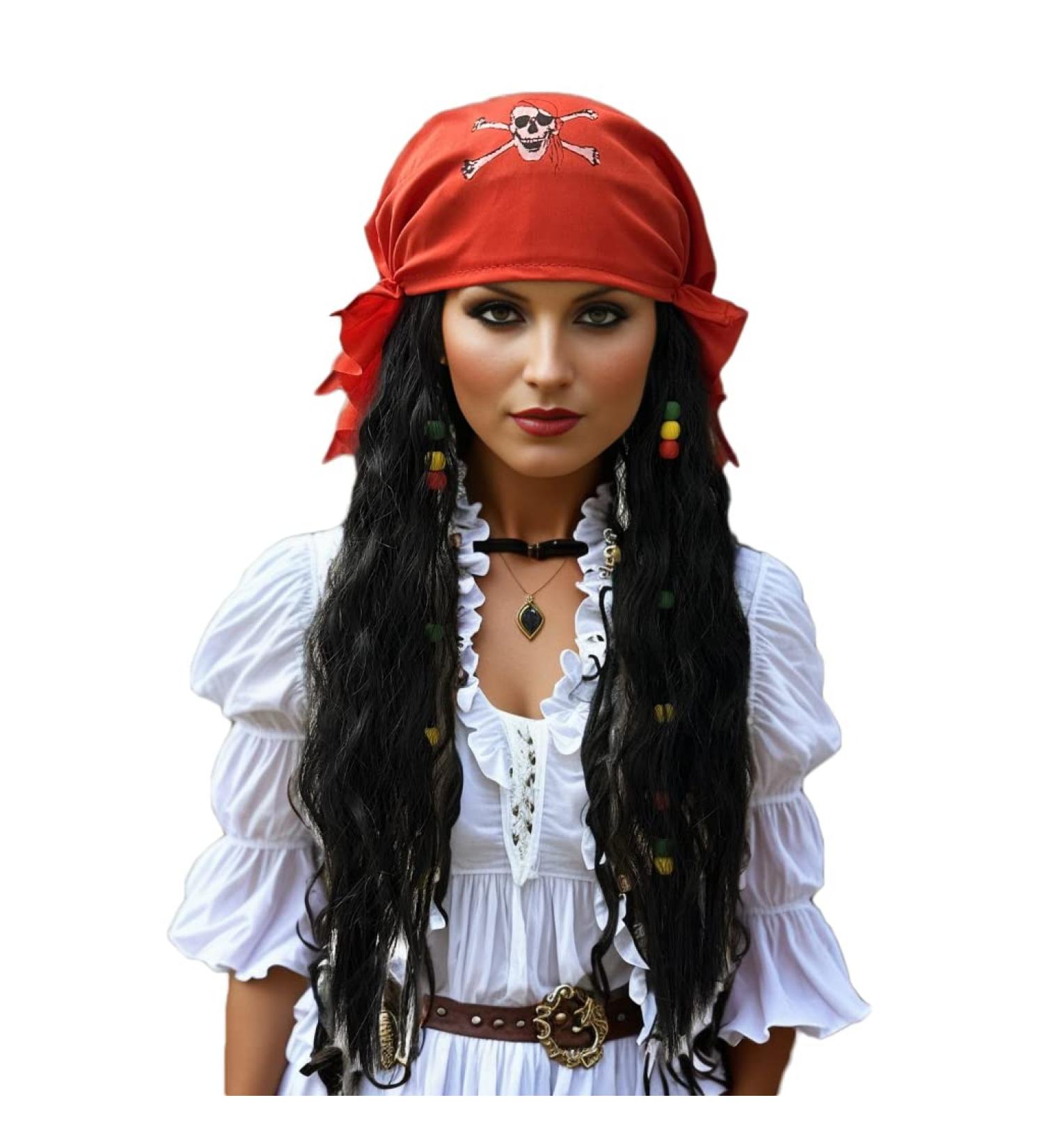Pirate Wig with Headband | Long Curly Black Wig with Beads for Men and Women | Halloween Cosplay Accessory - Buy Online on GoSupps.com
