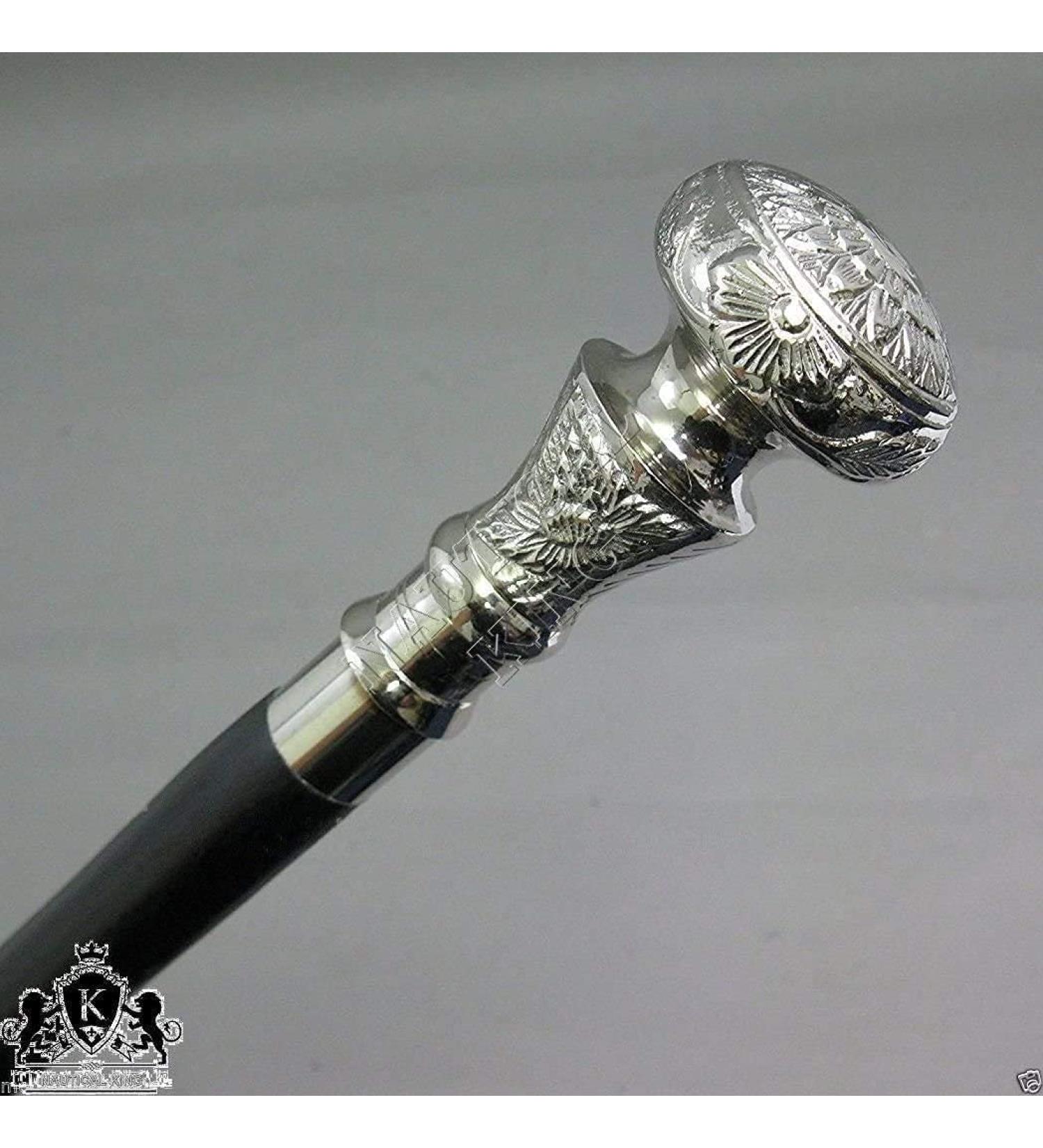 Vintage Antique Wooden Walking Cane with Silver Brass Handle - Unique Gift Idea - Buy Online on GoSupps.com