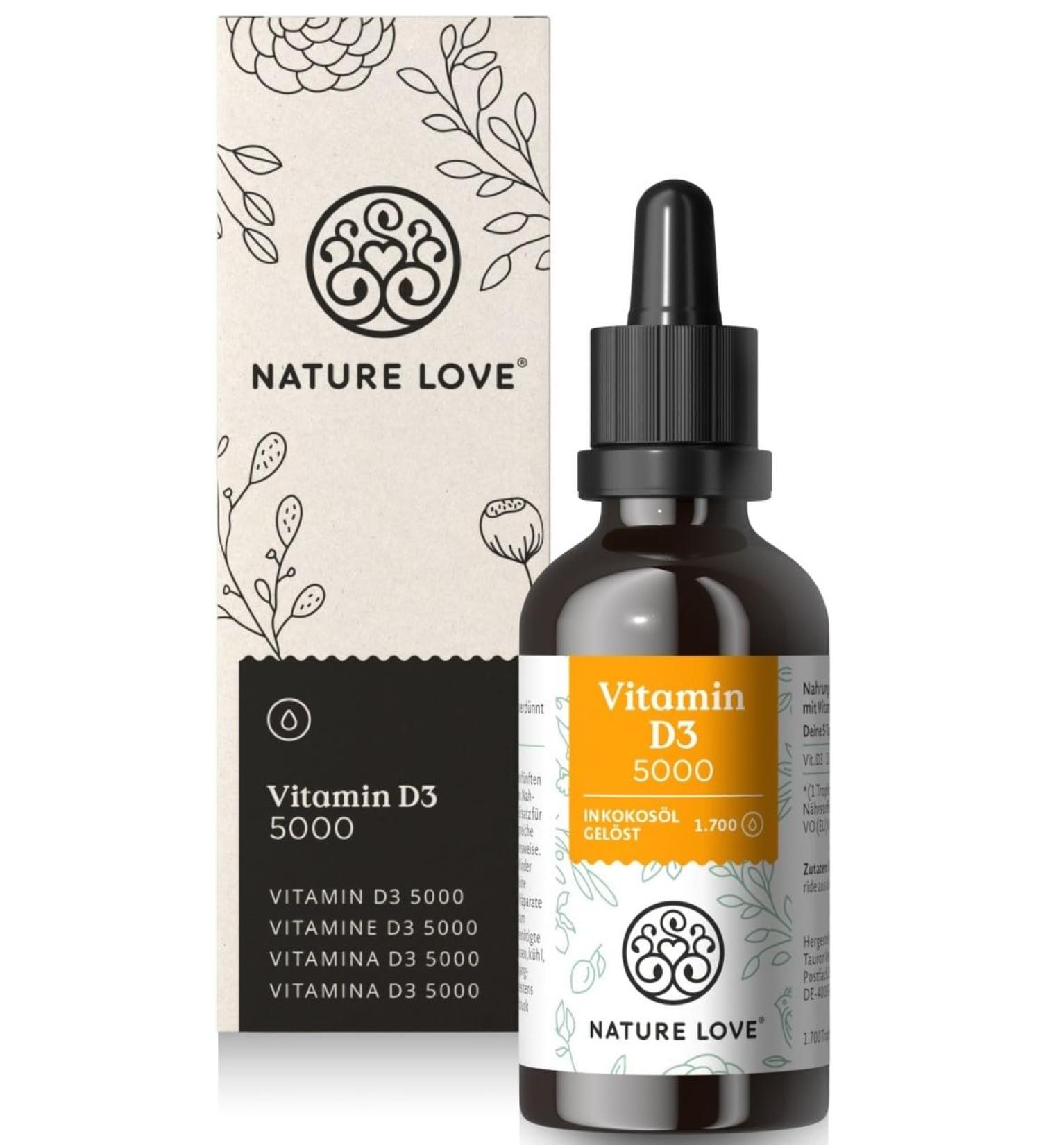 Nature Love Vitamin D3 5000 - 50ml Liquid - High Dose Bioavailable Vitamin D in MCT Oil - Lab Tested Made in Germany - Buy Online on GoSupps.com