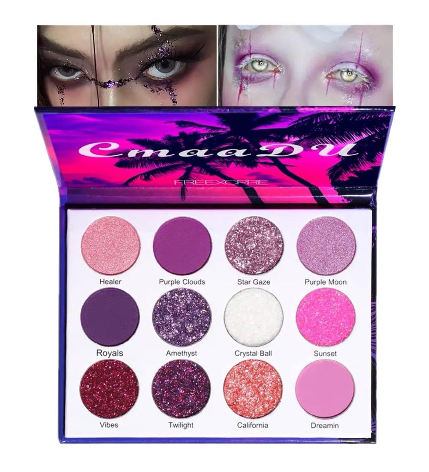 12 Color Glitter Eyeshadow Palette - Purple Pink Matte & Shimmer Shades for Halloween Christmas Face Paint & Cosplay Makeup - Women Girls - Buy Online on GoSupps.com