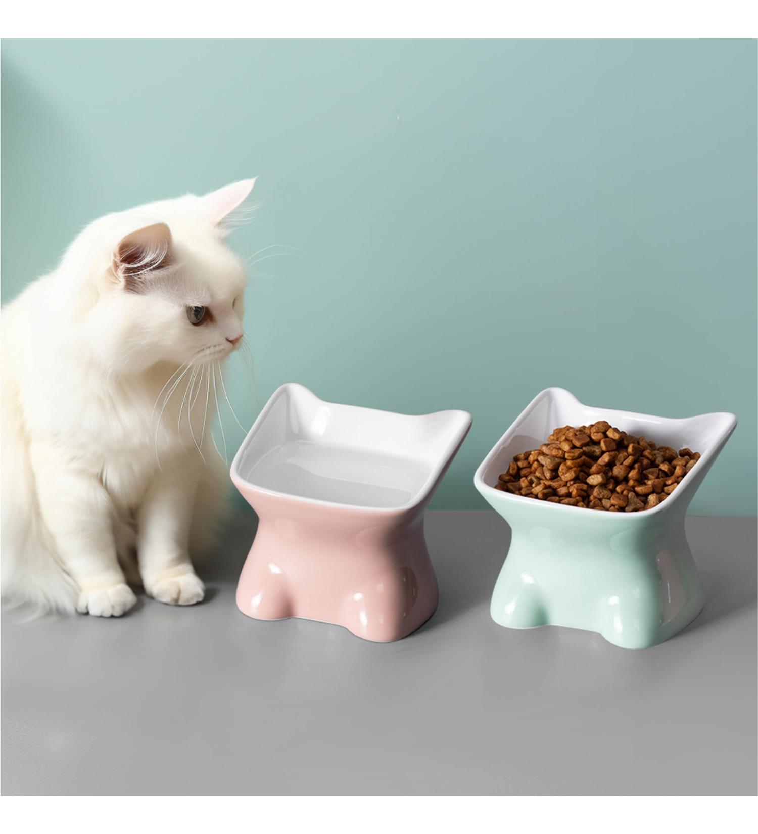 Navaris Raised Ceramic Cat Bowls (Set of 2) - Elevated Food and Water Bowl Pack for Cats - Cute Kitty Shaped Dishes with Ears - Dishwasher Safe - Green/Peach - Buy Online on GoSupps.com