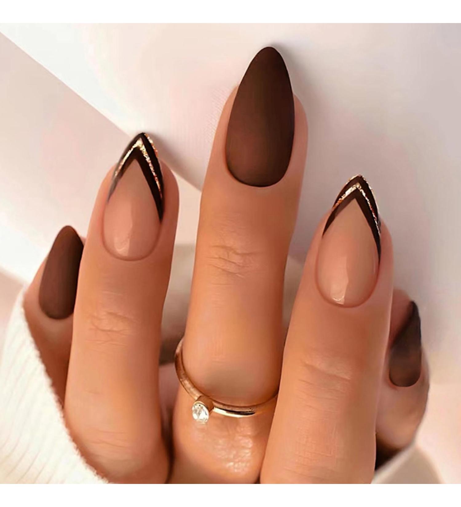 24-Pack Medium Almond Artificial Nails - Brown Glitter Press-On Acrylic Fingernails for Women & Girls - Buy Online on GoSupps.com
