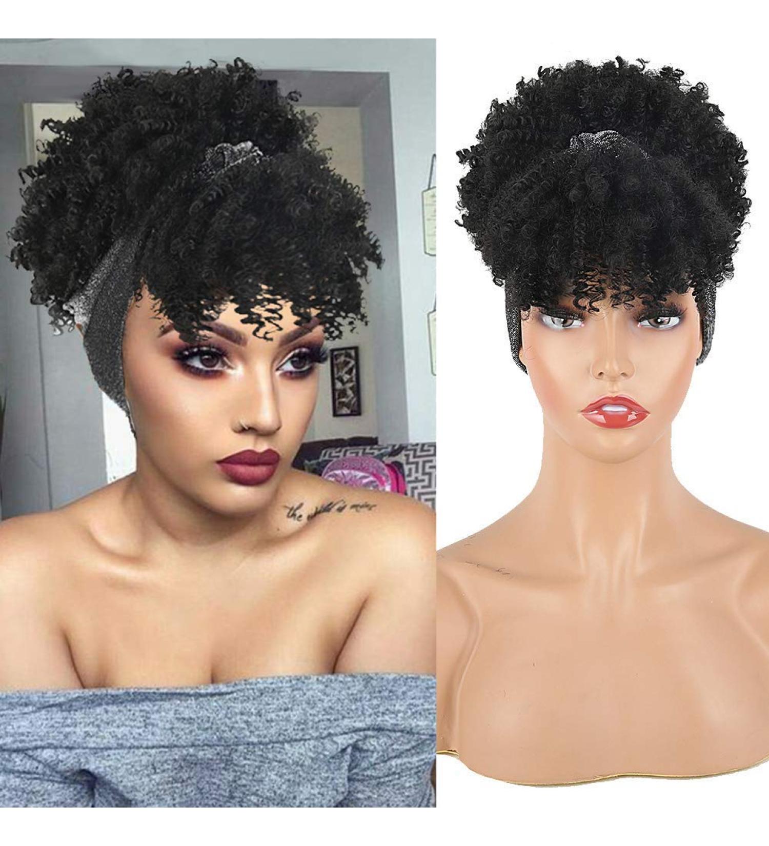 Aisaide Gray Headband Wig for Black Women | Short Curly Afro Kinky Synthetic Wig with Bangs | 2-in-1 Turban Wrap Wig | High Puff Silver Turban-1B - Buy Online on GoSupps.com