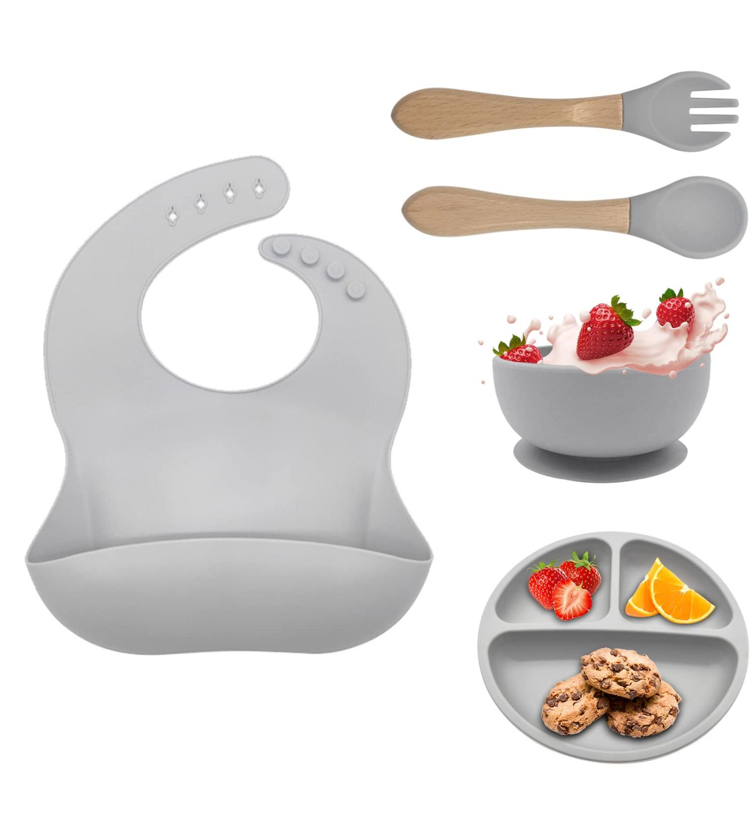 5pcs Baby Weaning Set with Adjustable Bib, Suction Bowl, Spoon & Fork - BPA Free Toddler Feeding Sets in Grey - Buy Online on GoSupps.com