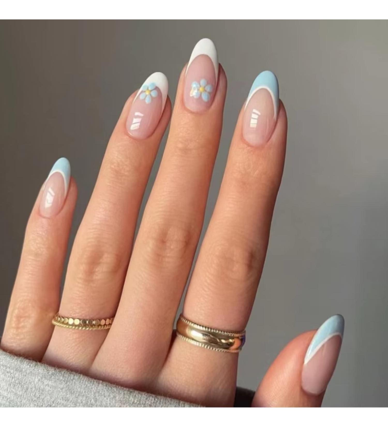 Runrayay Blue Flower Press on Nails - Medium French Tips | Nude Full Cover Fake Nails for Women & Girls - Perfect Spring Nail Art - Buy Online on GoSupps.com