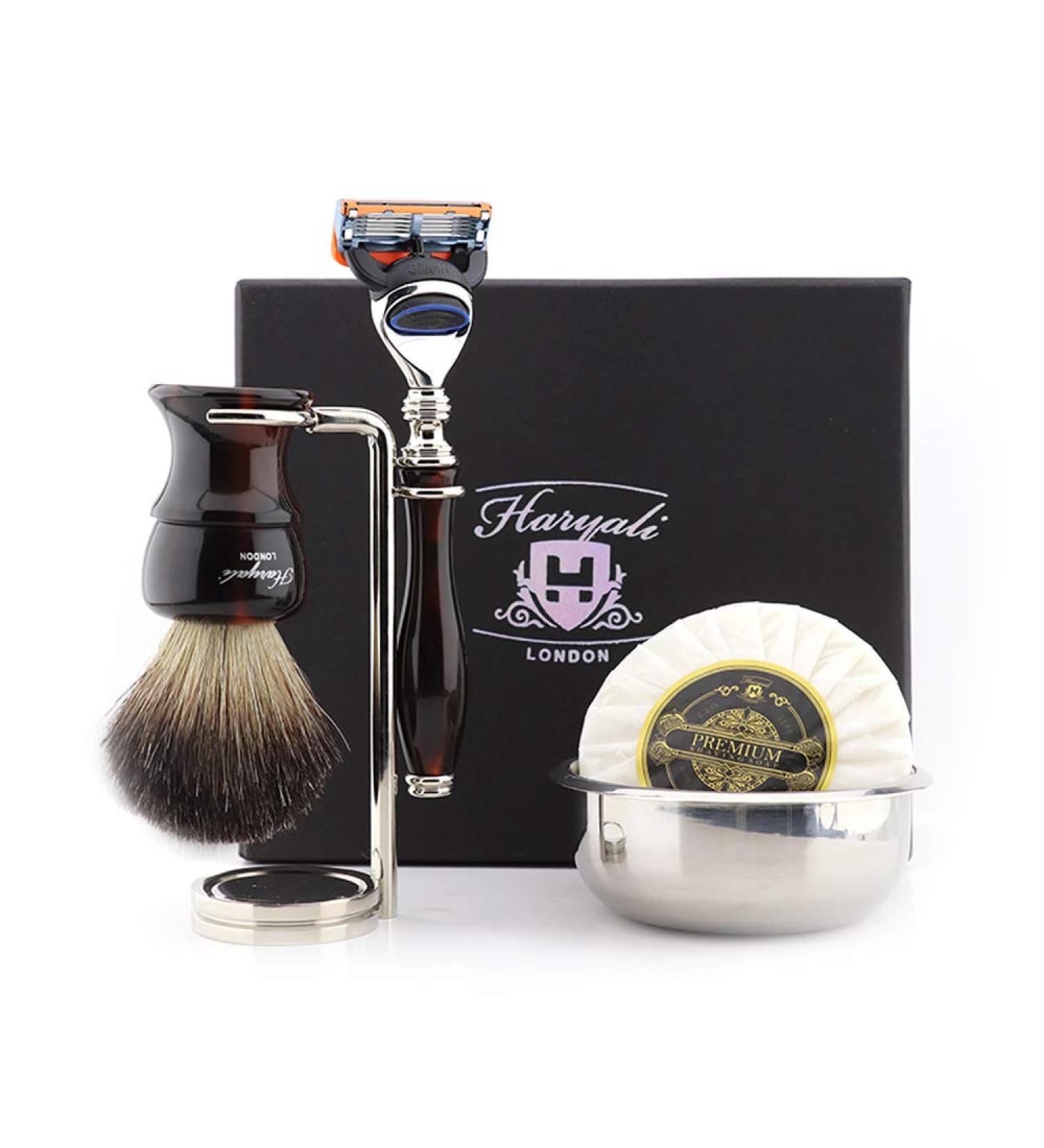 Haryali London Men's Shaving Set - 5 Razor Blades Pure Badger Hair Brush Stand Bowl & Soap for a Luxurious Shave - Buy Online on GoSupps.com