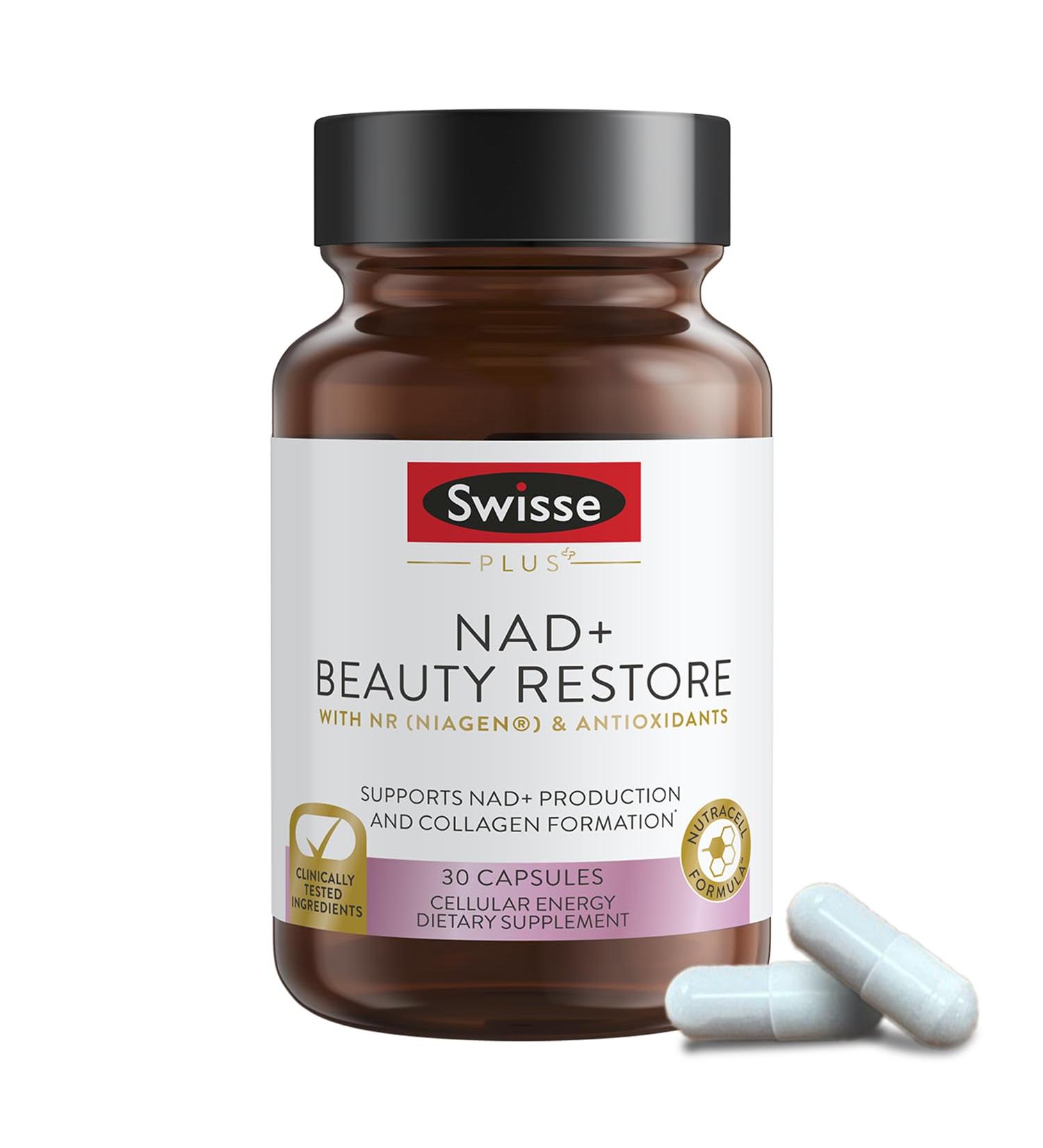 Swisse Plus NAD+ Beauty Restore | Clinically Tested Ingredients | NAD+ Supplement for Men & Women | Supports Collagen Formation, Skin Elasticity & Anti-Aging Supplement | 30 Capsules - Buy Online on GoSupps.com