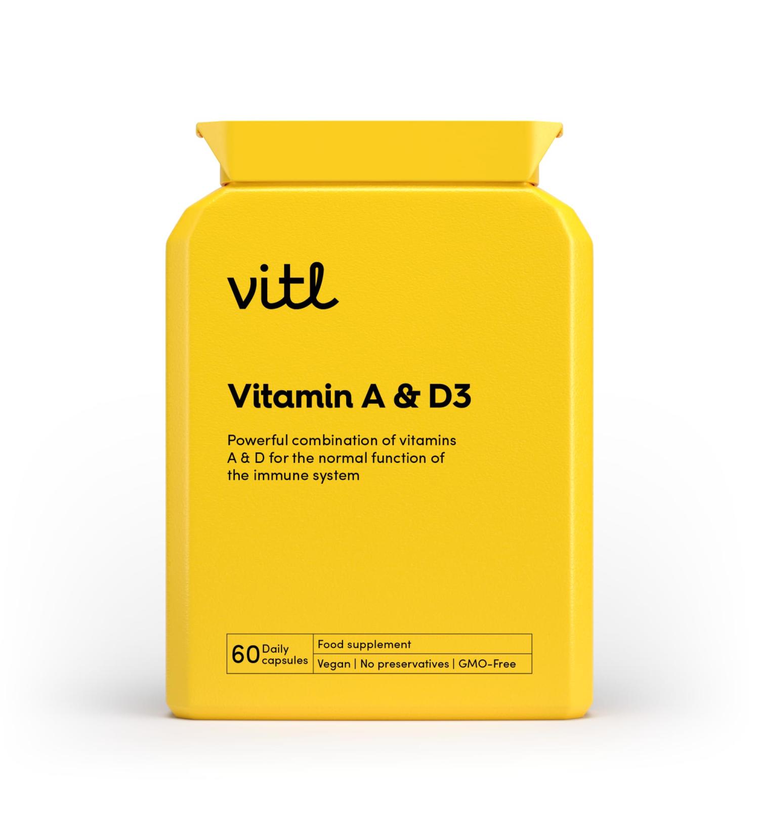 Vitl Vitamin A & D3 Daily Supplement - 60 High Strength Easy Swallow Capsules - Support for The Immune System & Overall Wellbeing - Vegan Friendly Tablets Vitamin A & D3 60 count (Pack of 1) - Buy Online on GoSupps.com