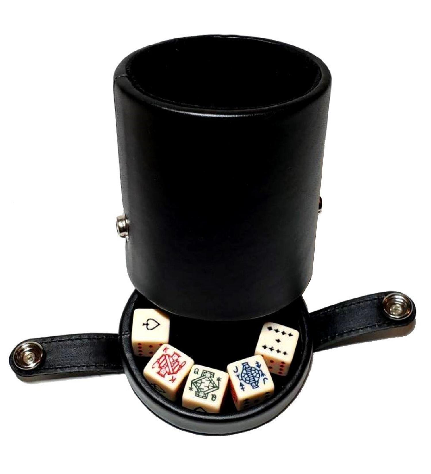 Black Leatherette Deluxe Dice Cup with Poker Dice Set - Storage Compartment Included - Buy Online on GoSupps.com