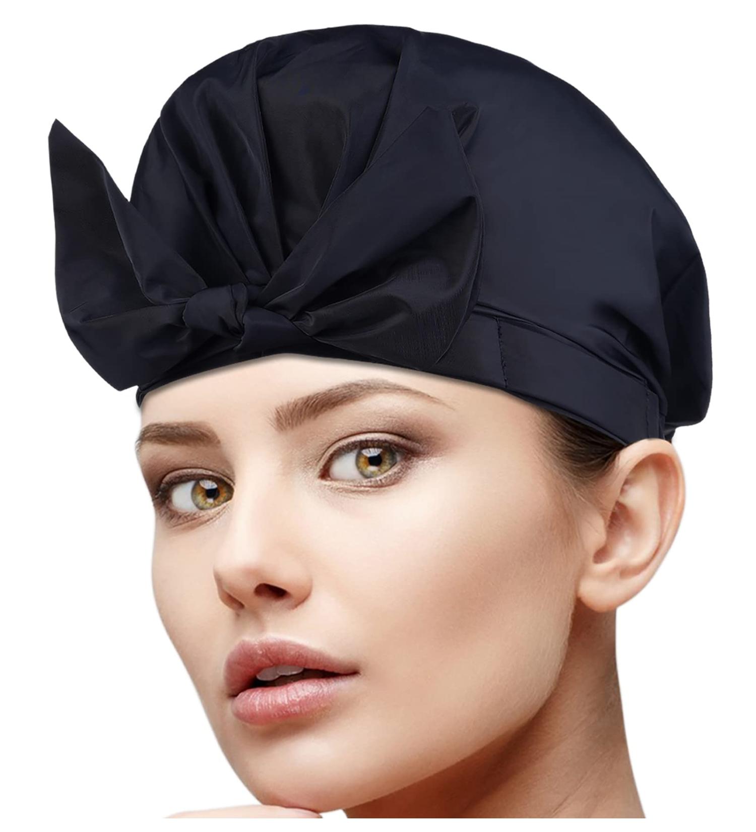 YQC Luxury Reusable Waterproof Shower Cap for Women - Adjustable Elastic Hair Cap - Cute Bow Design - Black- Ideal for Long, Short, and Curly Hair - Buy Online on GoSupps.com