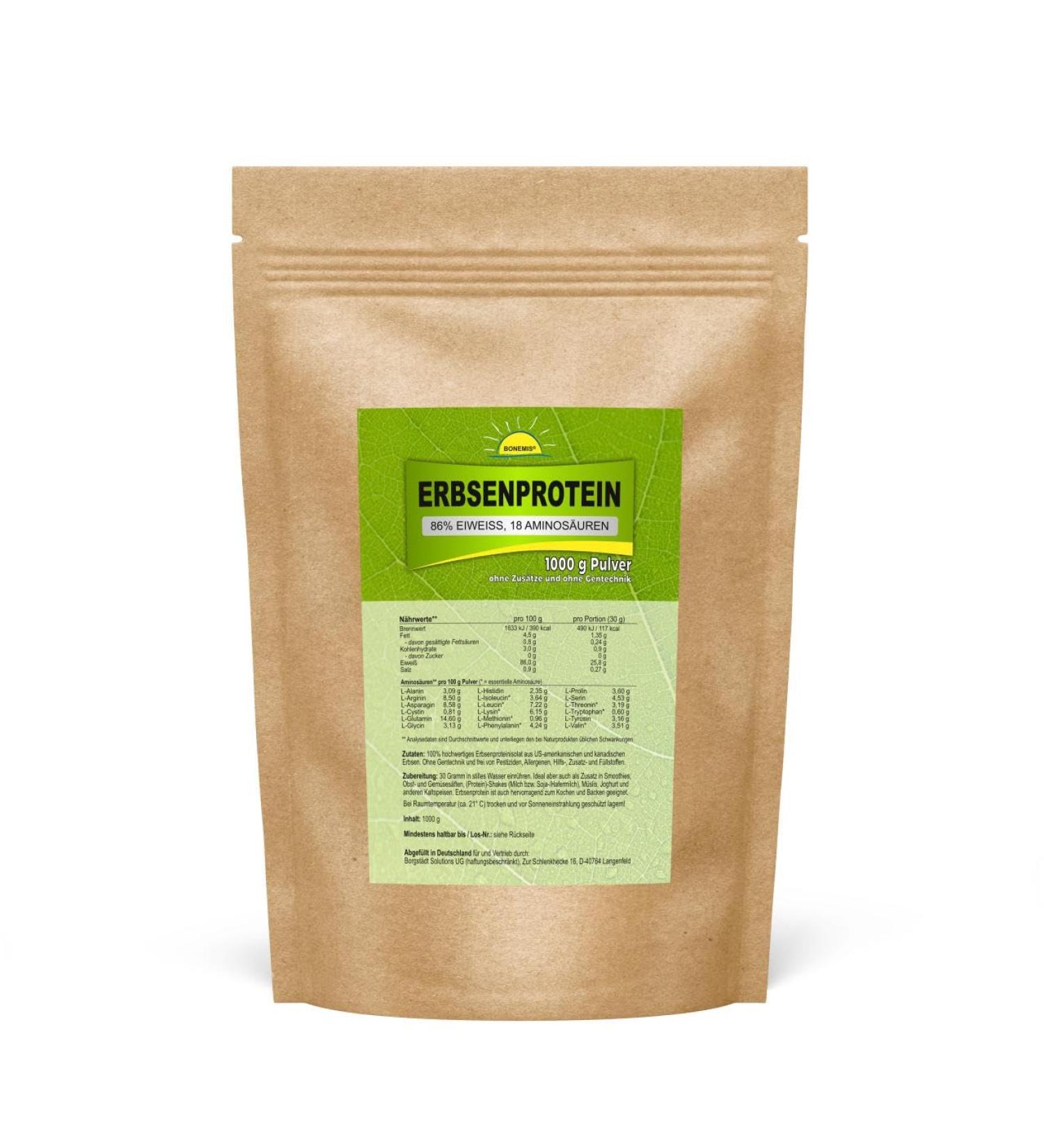 Bonemis Pea Protein 1kg - 86% Protein 18 Amino Acids Vegan No Additives - Premium Quality International Shipping - Buy Online on GoSupps.com