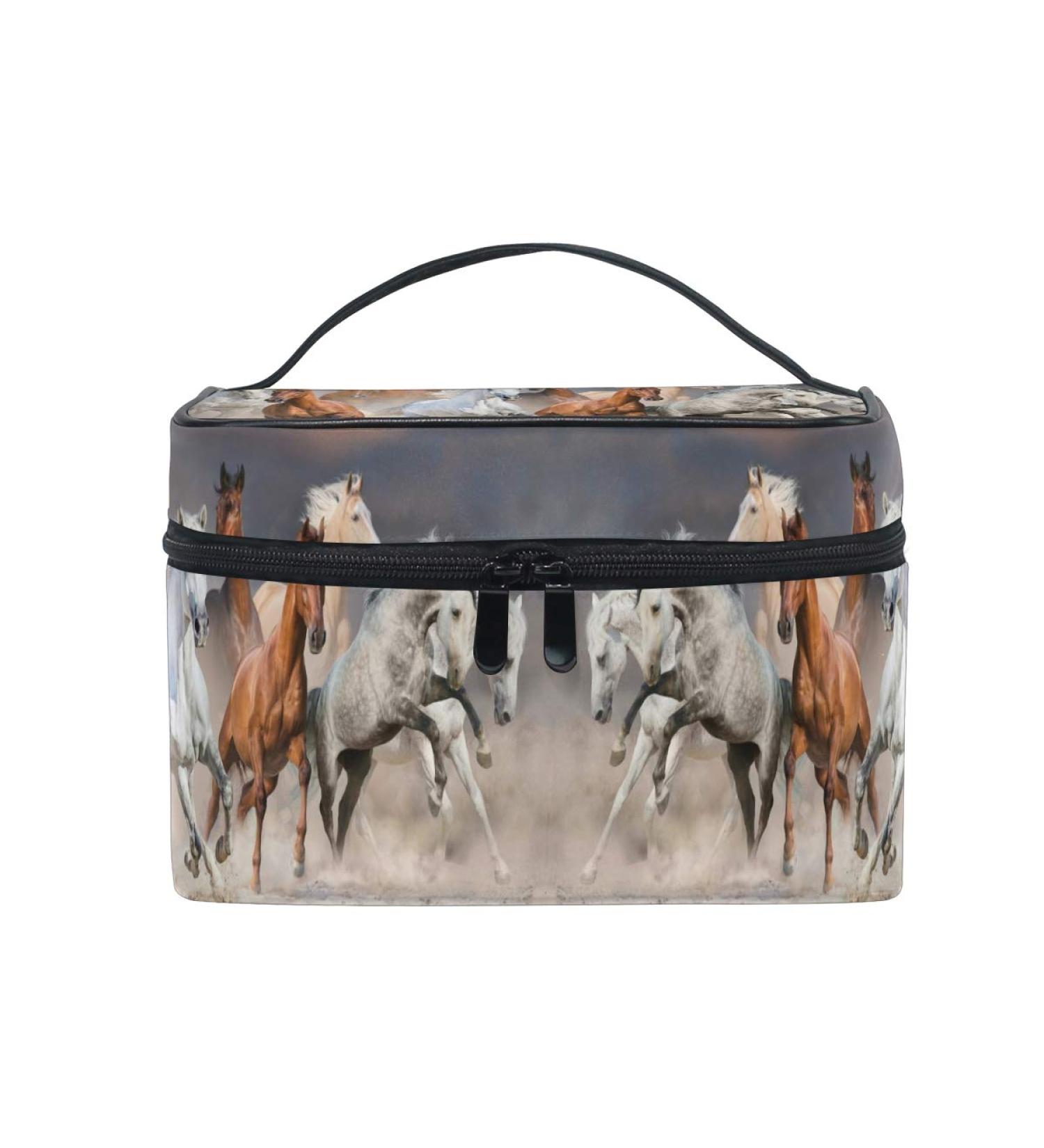 Running Horse White Makeup Bag Organizer | Large Cosmetic Case for Women & Girls | Stylish Toiletry Bag - Buy Online on GoSupps.com