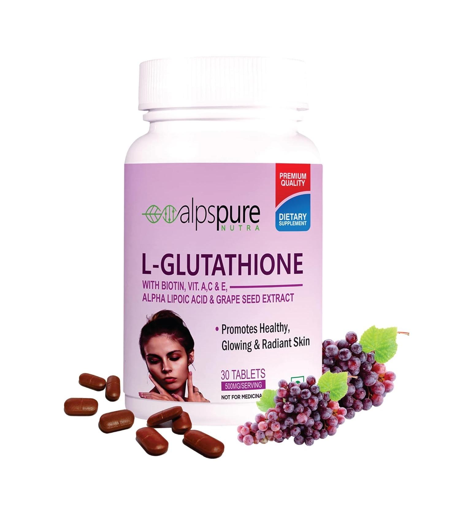 Nutra L-Glutathione Tablets with Biotin Vitamin A.C E Alpha Lipoic Acid & Grape Seed Extract for Healthy and Youthful Glowing Skin for All -30tablet