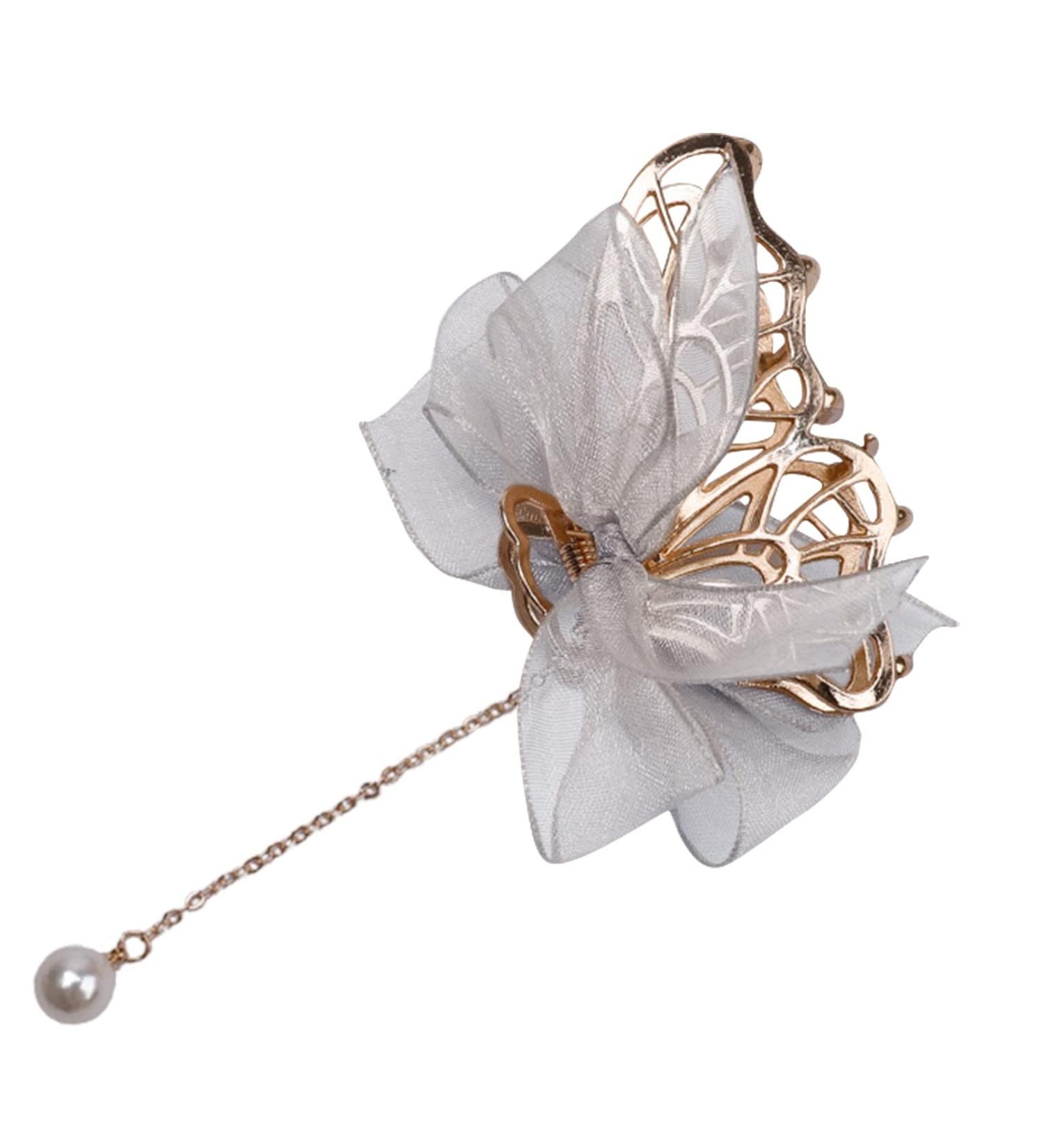 Elegant Butterfly Hair Clip with Loop Band & Pearl Pendant - Slide-Resistant Metal Accessory for Thin & Thick Hair - 1 PC - Buy Online on GoSupps.com