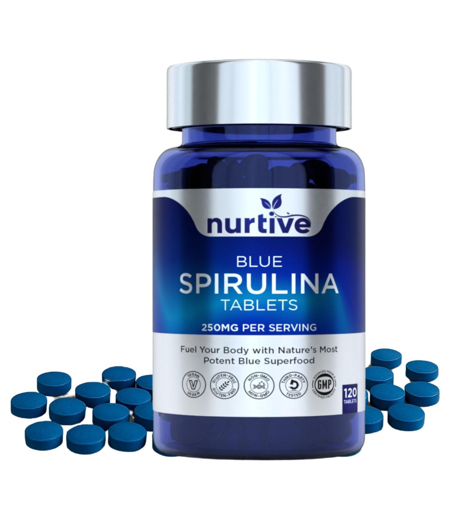 NURTIVE Blue Spirulina Tablets 250 mg per Daily Serving, Phycocyanin Superfood, 120 Tablets, 2 Tablets per Day 2-Month Supply Vegan, Gluten-Free, Non-GMO GMP-Certified, Third-Party Tested - Buy Online on GoSupps.com
