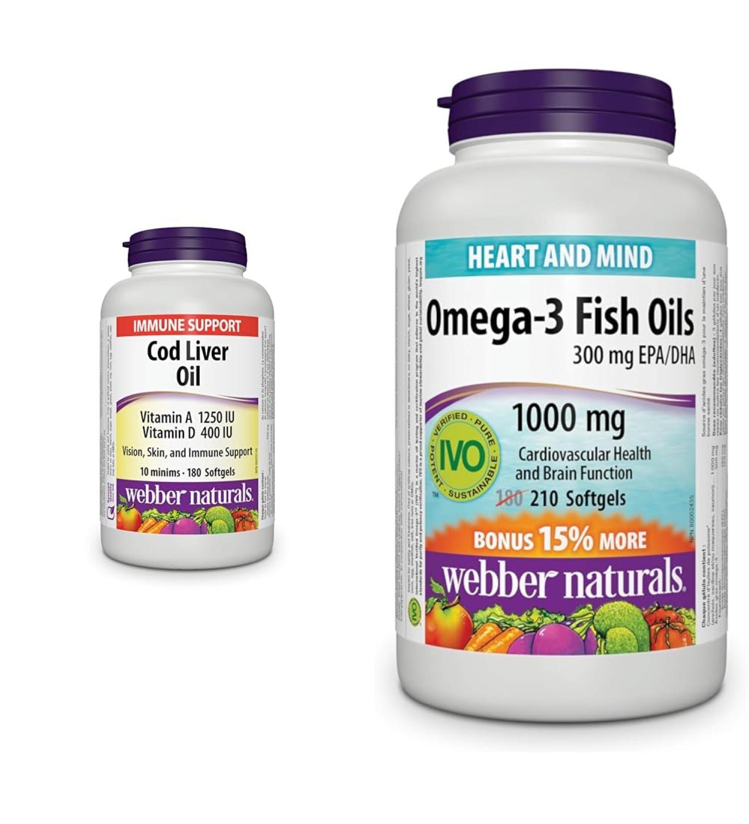 Webber Naturals Cod Liver Oil with Vitamin A and D3 180 Softgels Vision Skin and Immune Support & Omega-3 Fish Oil 1 000 mg 210 Softgels Supports Cardiovascular Health and Brain Function Vitamin + Oil 1 000 mg - Buy Online on GoSupps.com