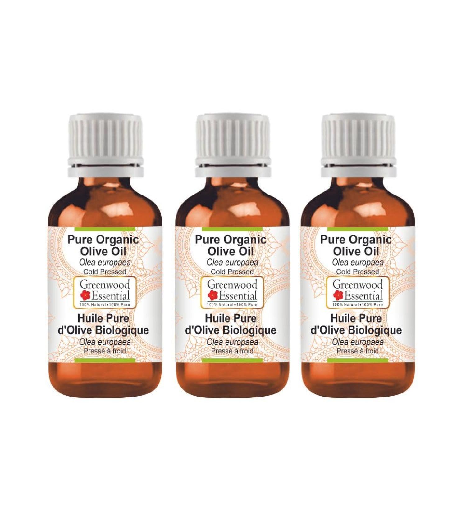 Greenwood Essential Pure Organic Olive Oil (Olea europaea) 100% Natural Therapeutic Grade for Hair & Skin (Pack of Three)100ml X 3 (10 oz) - Buy Online on GoSupps.com