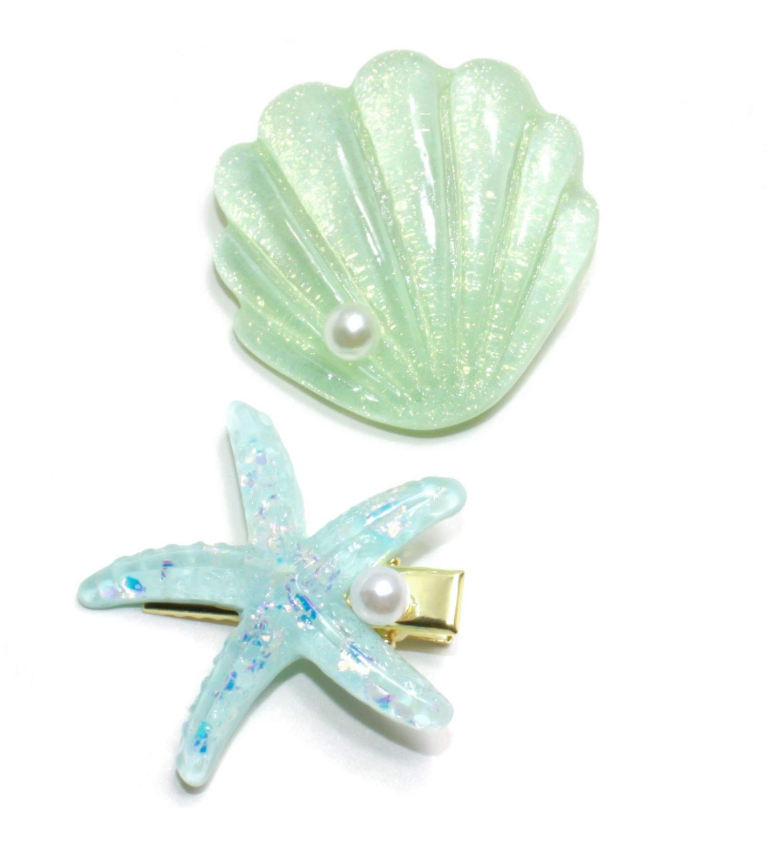 Green Shell Pearl Starfish Hair Clip Set - Acrylic Resin Alligator Clips for Women and Girls | Stylish Hair Accessories - Buy Online on GoSupps.com