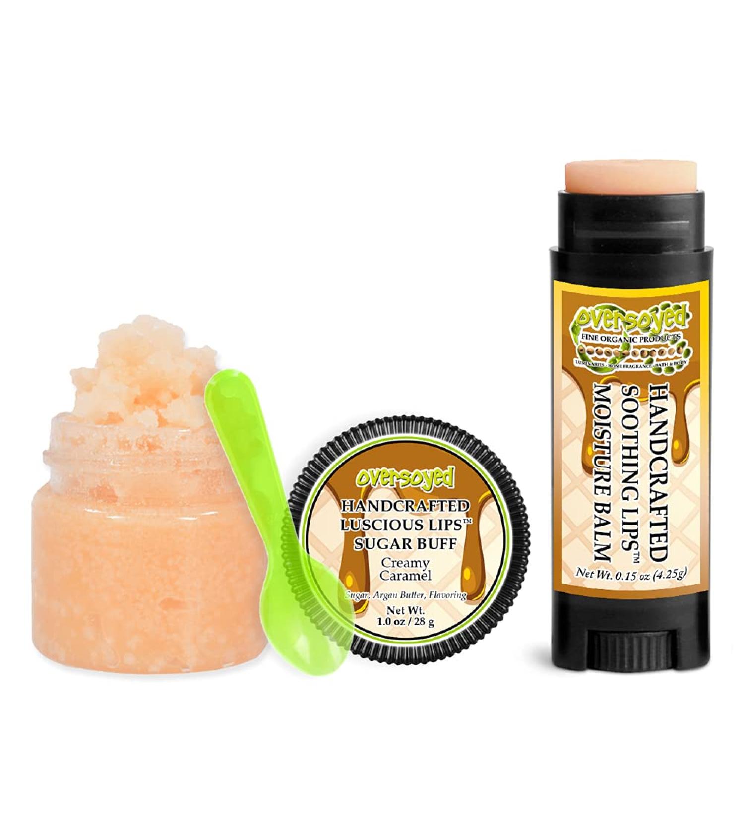 Creamy Caramel Soothing & Luscious Lips by OverSoyed Exfoliator & Chapped Lip Repair Lip Care Combo | Artisan Handcrafted to Order Caramelized Sugar Sweet Cream Butter Flavored Exfoliating Sugar Lip Scrub & Lip Moisturizer