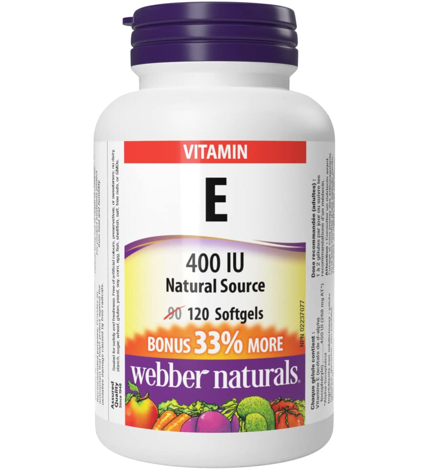 Webber Naturals Vitamin E 400 IU Softgel - 120 Softgels | Natural Source | 1 Bottle - Buy Online on GoSupps.com