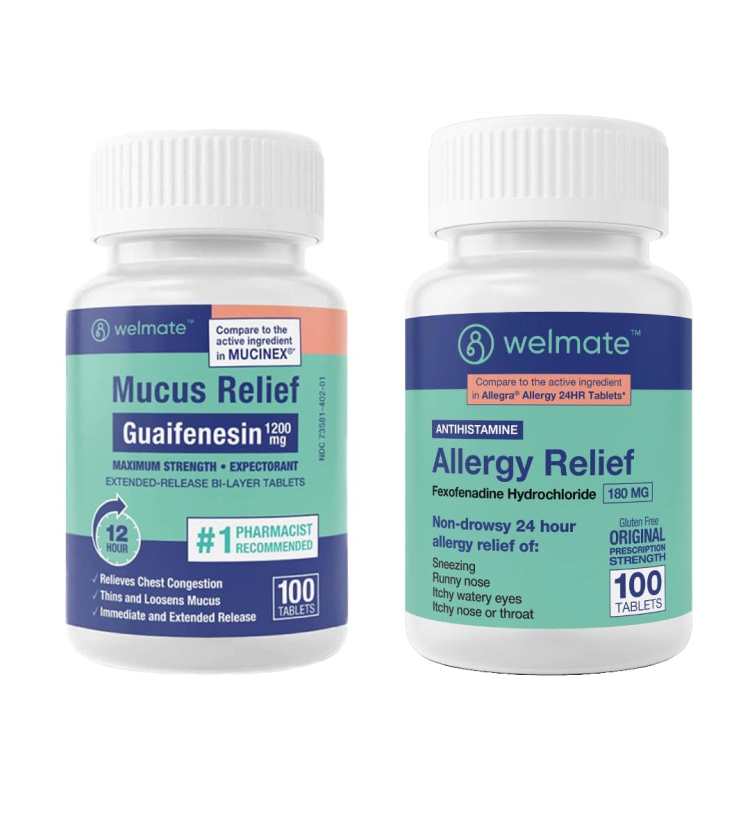 WELMATE Cold & Allergy Management Bundle: Maximum Strength Guaifenesin 1200mg Mucus Relief (100 Ct) + Fexofenadine HCl 180mg Non-Drowsy Allergy Relief (100 Ct) - Buy Online on GoSupps.com
