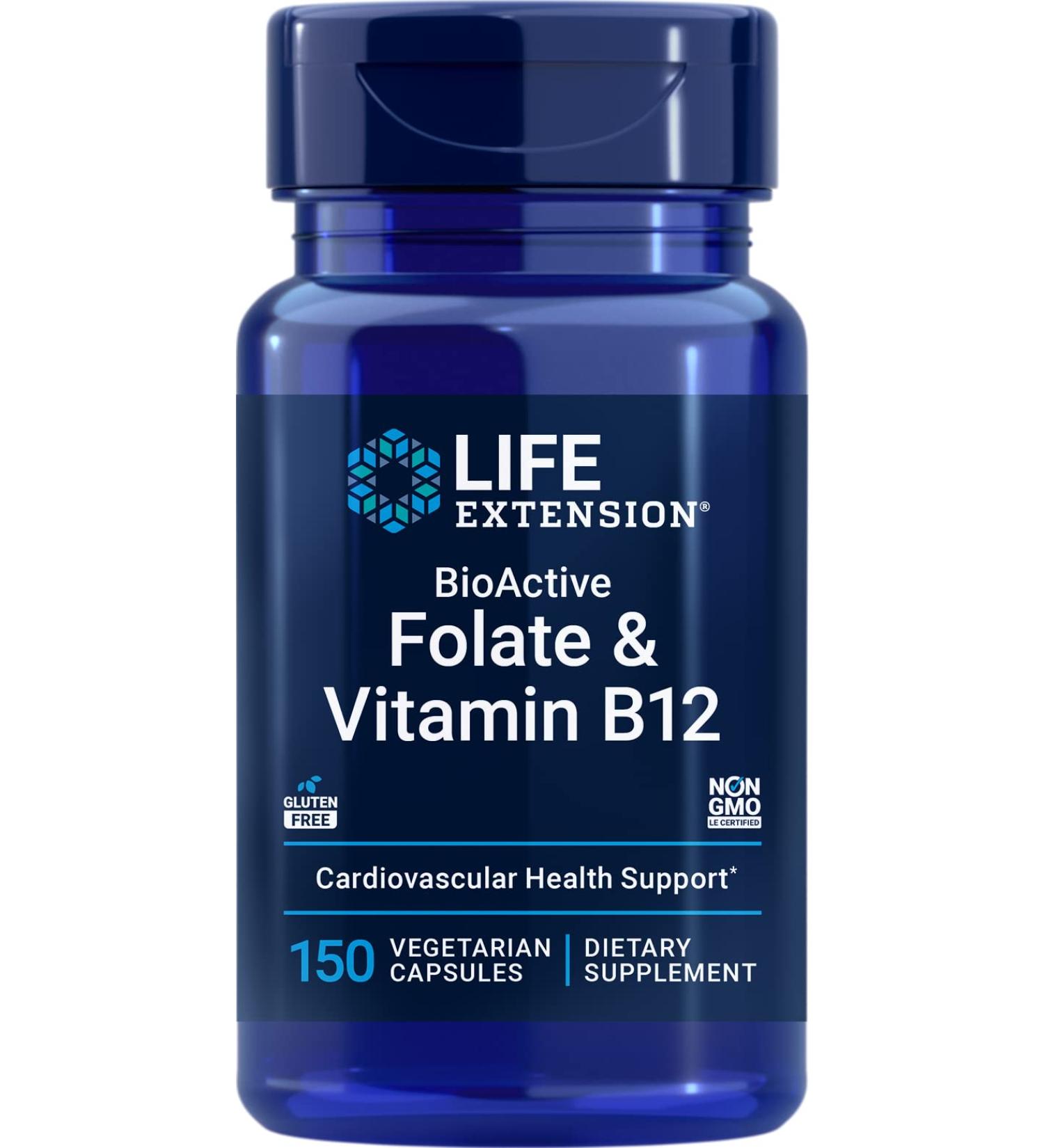 Life Extension BioActive Folate & Vitamin B12 150 Vegetarian Capsules - B-9 Methyl Folic Acid & B-12 Cofactor Veg Caps - Non GMO, Gluten Free, Supports Mood & Methylation - 150 Count - Buy Online on GoSupps.com