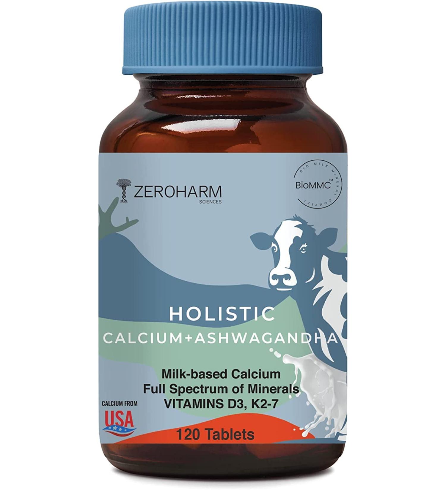 ZEROHARM Holistic Calcium and Ashwagandha Tablets - 120 Veg Tablets for Muscles, Bone, and Joint Health - Buy Online on GoSupps.com