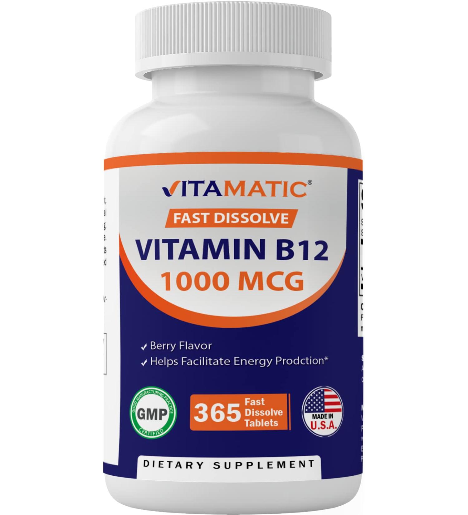Vitamatic Vitamin B12 1000 mcg Fast Dissolve Tablets - 365 count, Berry Flavor for Energy Metabolism - Buy Online on GoSupps.com