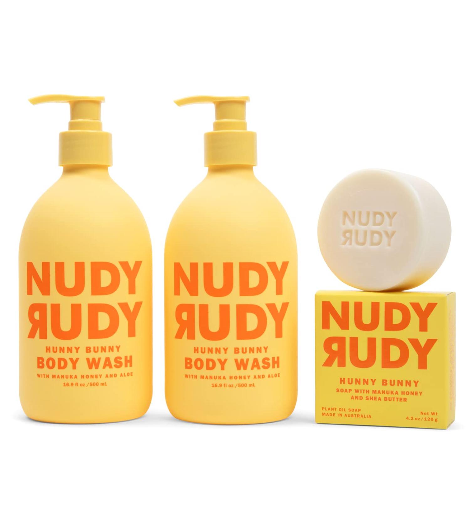 Nudy Rudy Hunny Bunny 2 Pack Liquid Body Wash Bundle with Bonus Soap Bar Aloe Vera and Vitamin E Moisturizing Shower Gel and Body Wash and Bar Soap for Men and Women 16.9 fl oz and 4.2 oz Hunny Bunny Body Wash Bundle - Buy Online on GoSupps.com