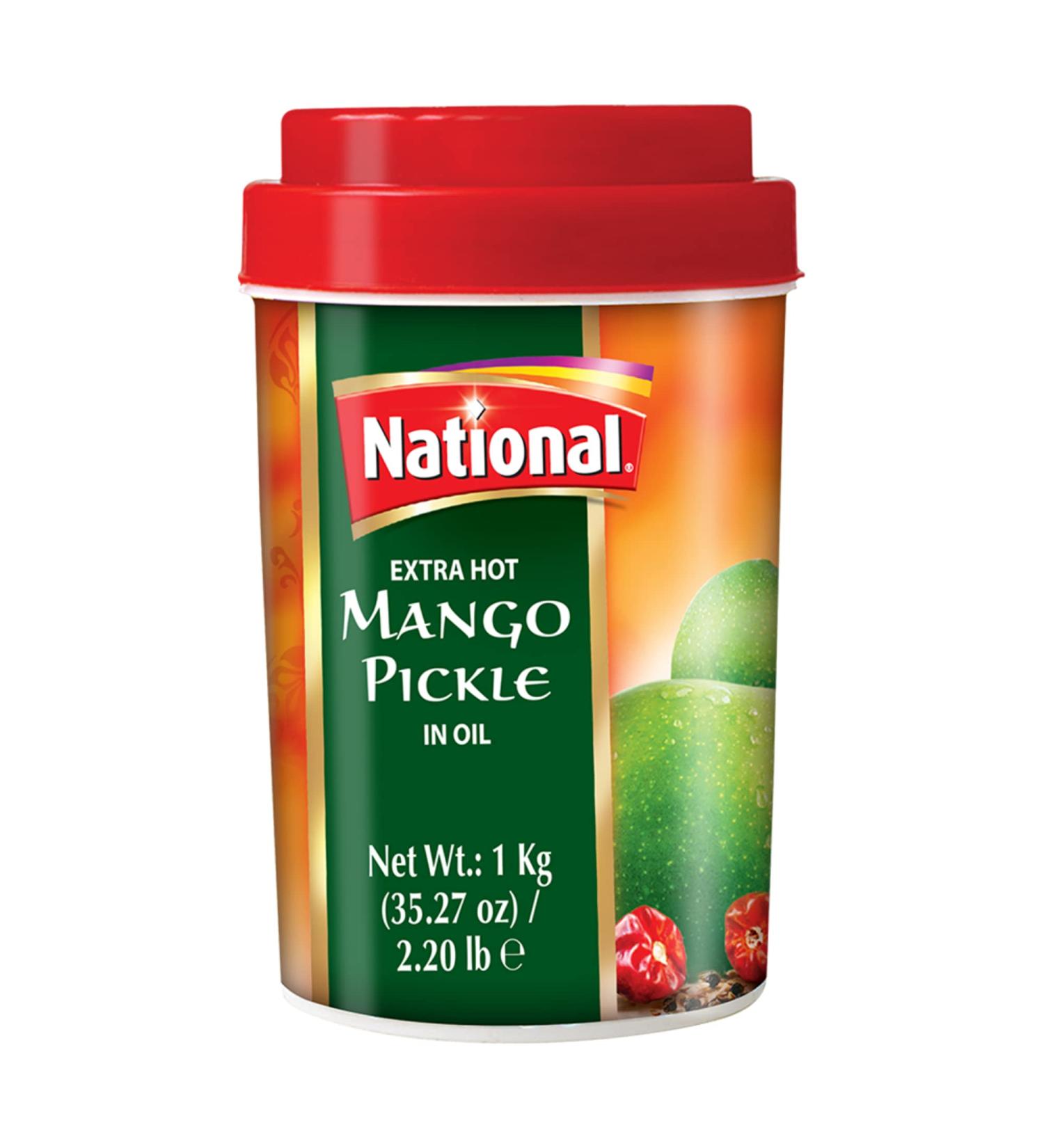 National Foods Extra Hot Mango Pickle 35.27 oz (1000g) Sour & Spicy Traditional South Asian Relish | Zesty & Tangy Aam Ka Achaar | Plastic Jar Extra Hot Mango (1000g) 1 kg (Pack of 1)