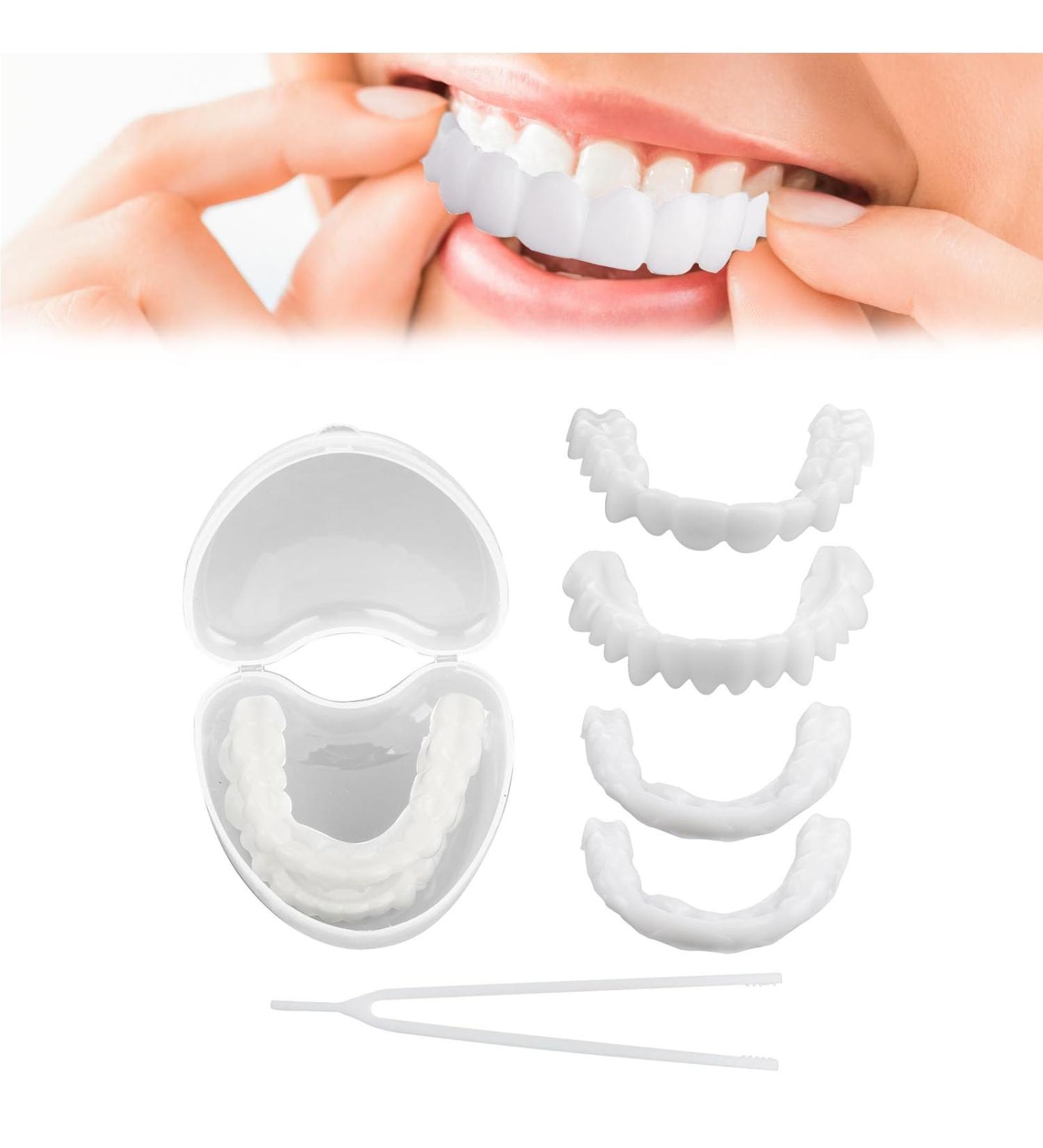 Brigtviee Temporary Press Teeth Veneers - Instant Smile Makeover with 2 Pairs & Mini Tweezers for Men & Women - Provisional Dentures & Tooth Whitening Solution - Buy Online on GoSupps.com
