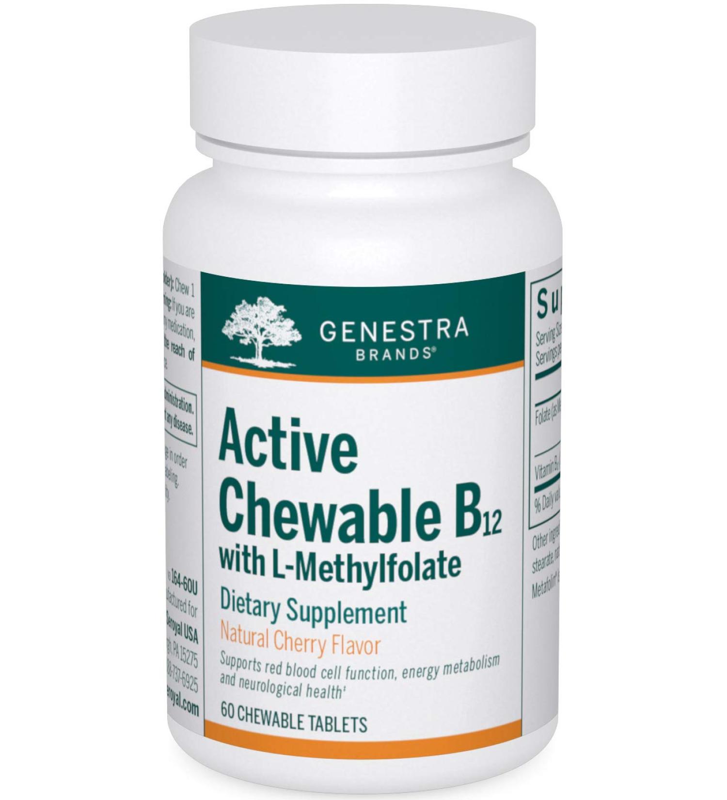 Genestra Brands Active Chewable B12 with L-Methylfolate | 60 Chewable Tablets, Natural Cherry Flavor - Buy Online on GoSupps.com