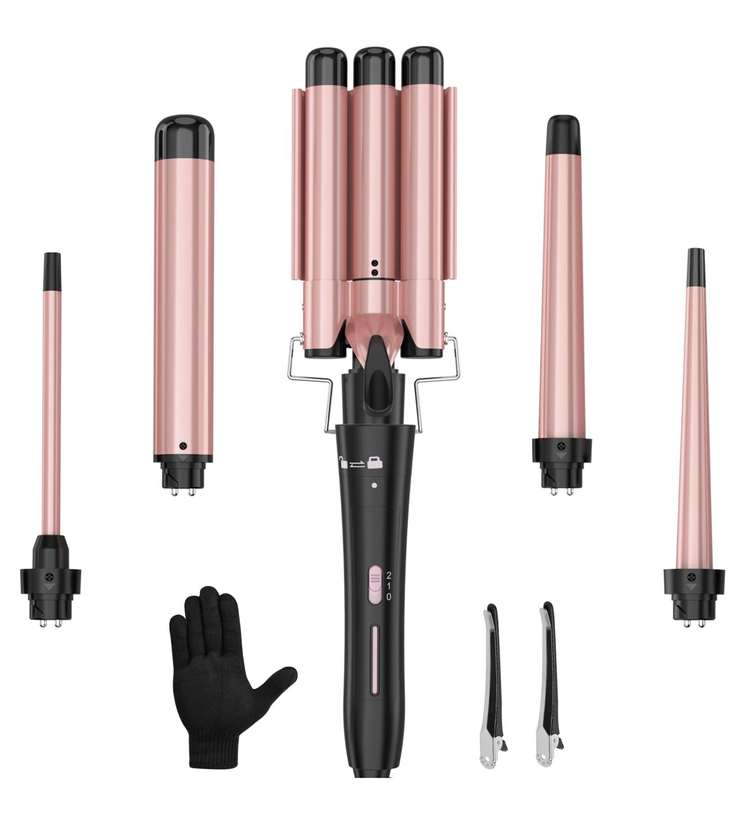Buy Professional 5 in 1 Curling Wand Set - Interchangeable 3 Barrel Curling Iron with Ceramic Tourmaline - Perfect for Beach Waves & Curls - Worldwide Shipping - Buy Online on GoSupps.com
