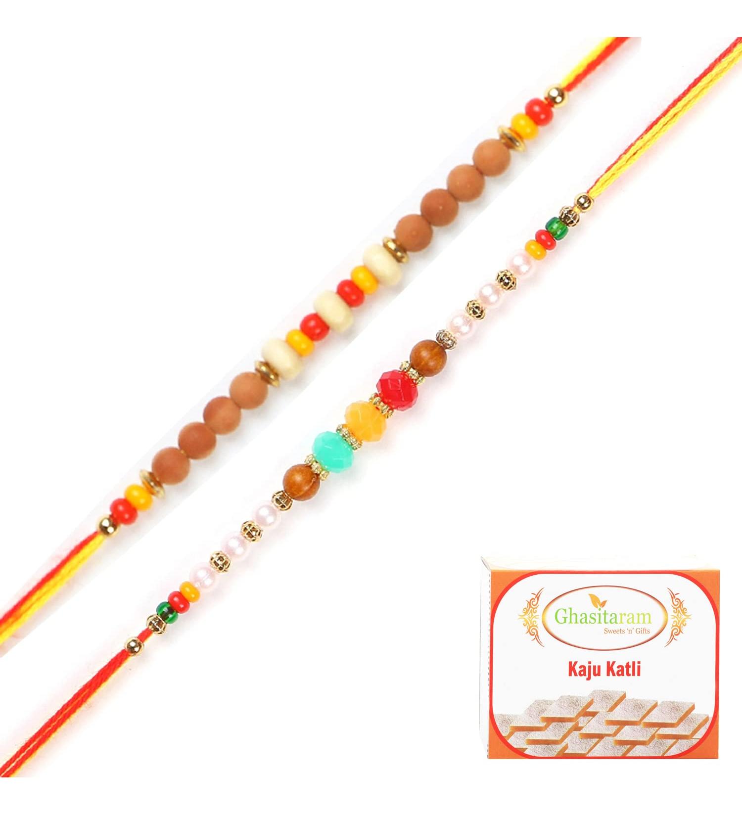Ghasitaram Gifts Rakhi for Brother Rakhis Online - Set of 2 6045 6082 Rakhi Threads with 400 GMS of Kaju katli - Buy Online on GoSupps.com