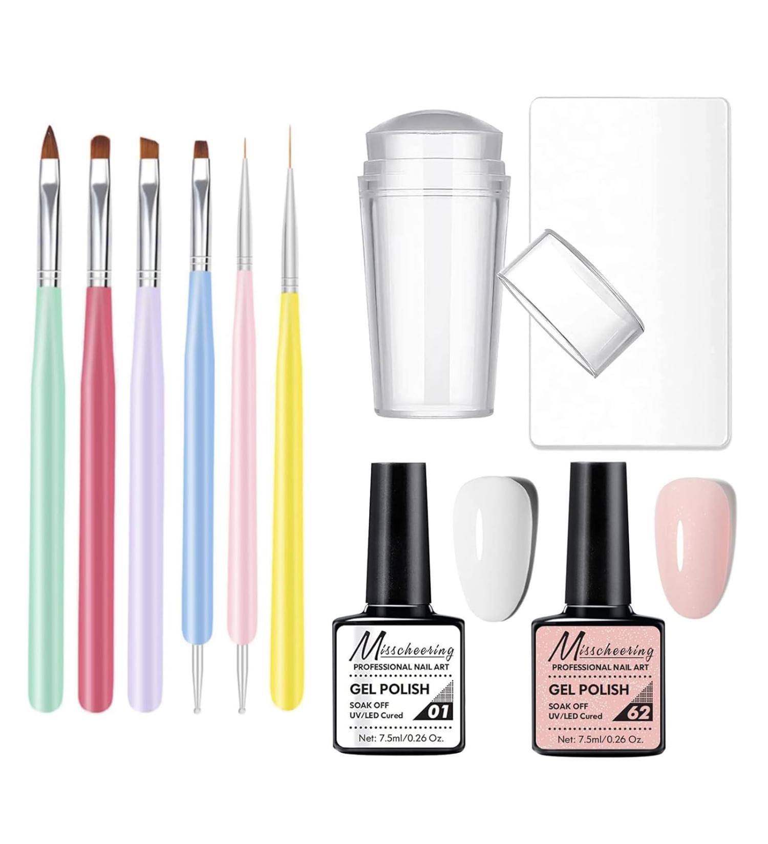 French Manicure Nail Polish Kit Gorvalin White and Pink Gel Nail Polish Nail Stamper Nail Art Brush French Manicure Tool Home DIY Nail Salon pink & white - Buy Online on GoSupps.com
