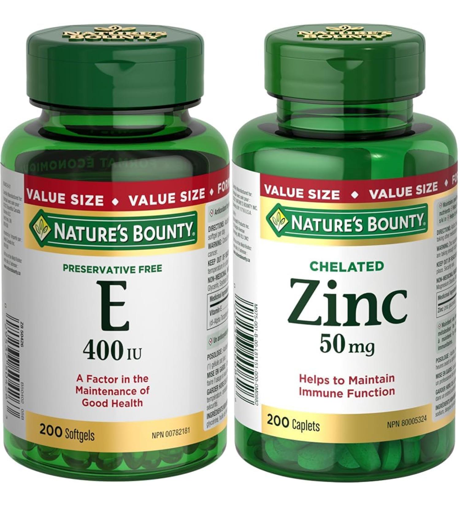 Nature's Bounty Vitamin E Pills And Supplement Helps Maintain Health 400Iu 200 Softgels & Chelated Zinc 50mg Supports Immune Function and Maintain Body's Ability Vitamin+ Value-Size - Buy Online on GoSupps.com