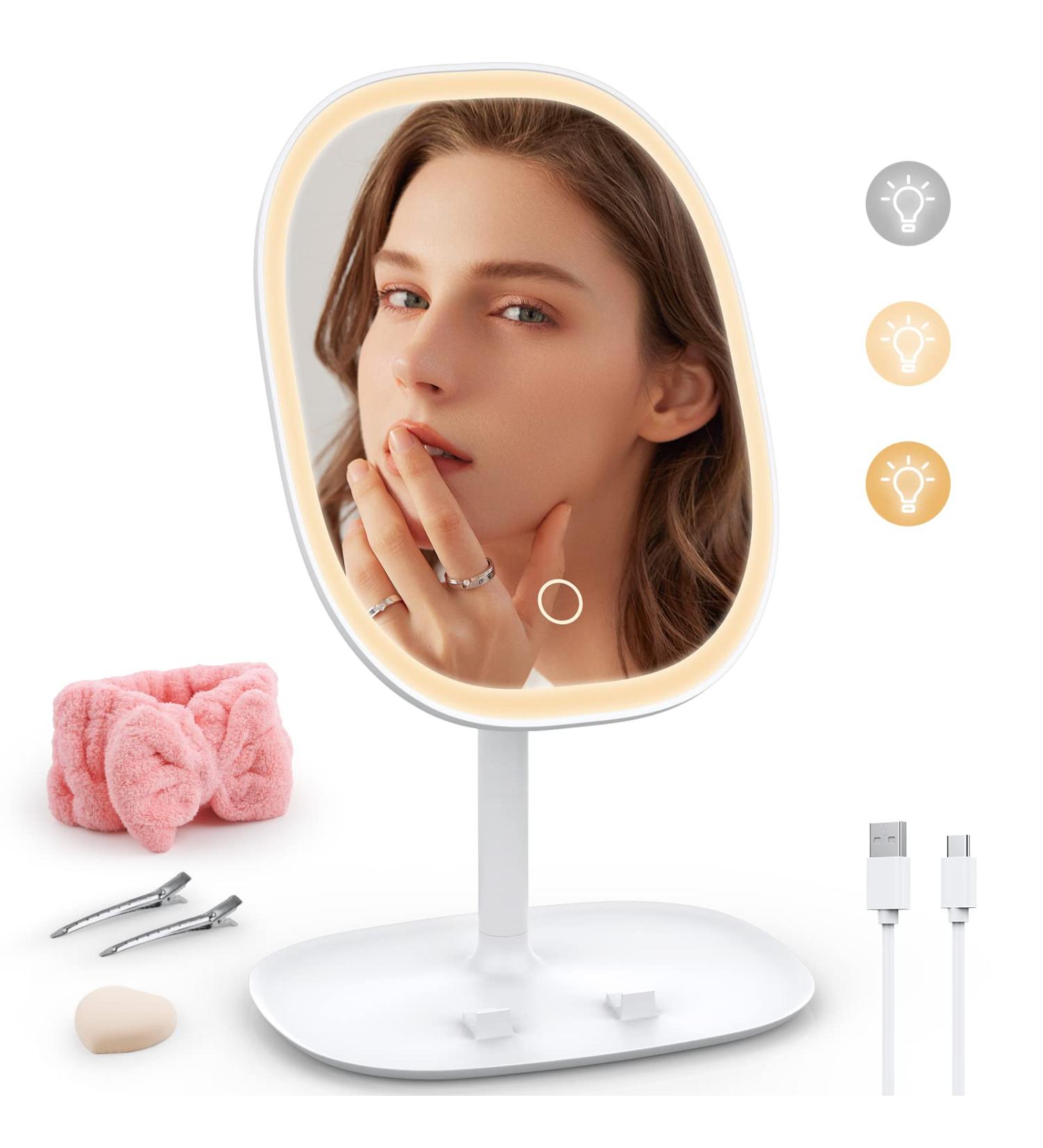 Rechargeable Lighted Makeup Mirror with 3 Color Temperature Modes - Portable and Adjustable LED Mirror for Makeup Desk and Travel - Buy Online on GoSupps.com