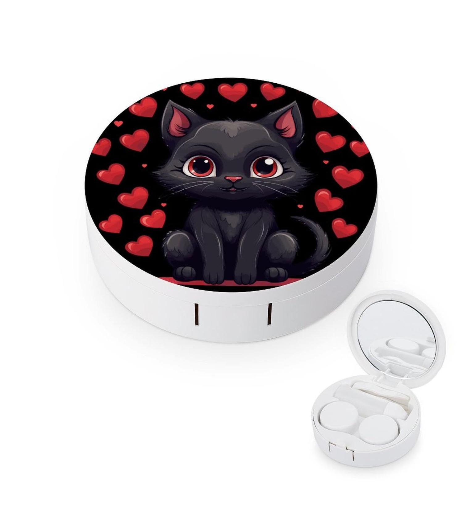 Black Cat in Love Contact Lens Case | Portable Cute Eye Lens Box Travel Kit with Mirror - International Shipping Available - Buy Online on GoSupps.com