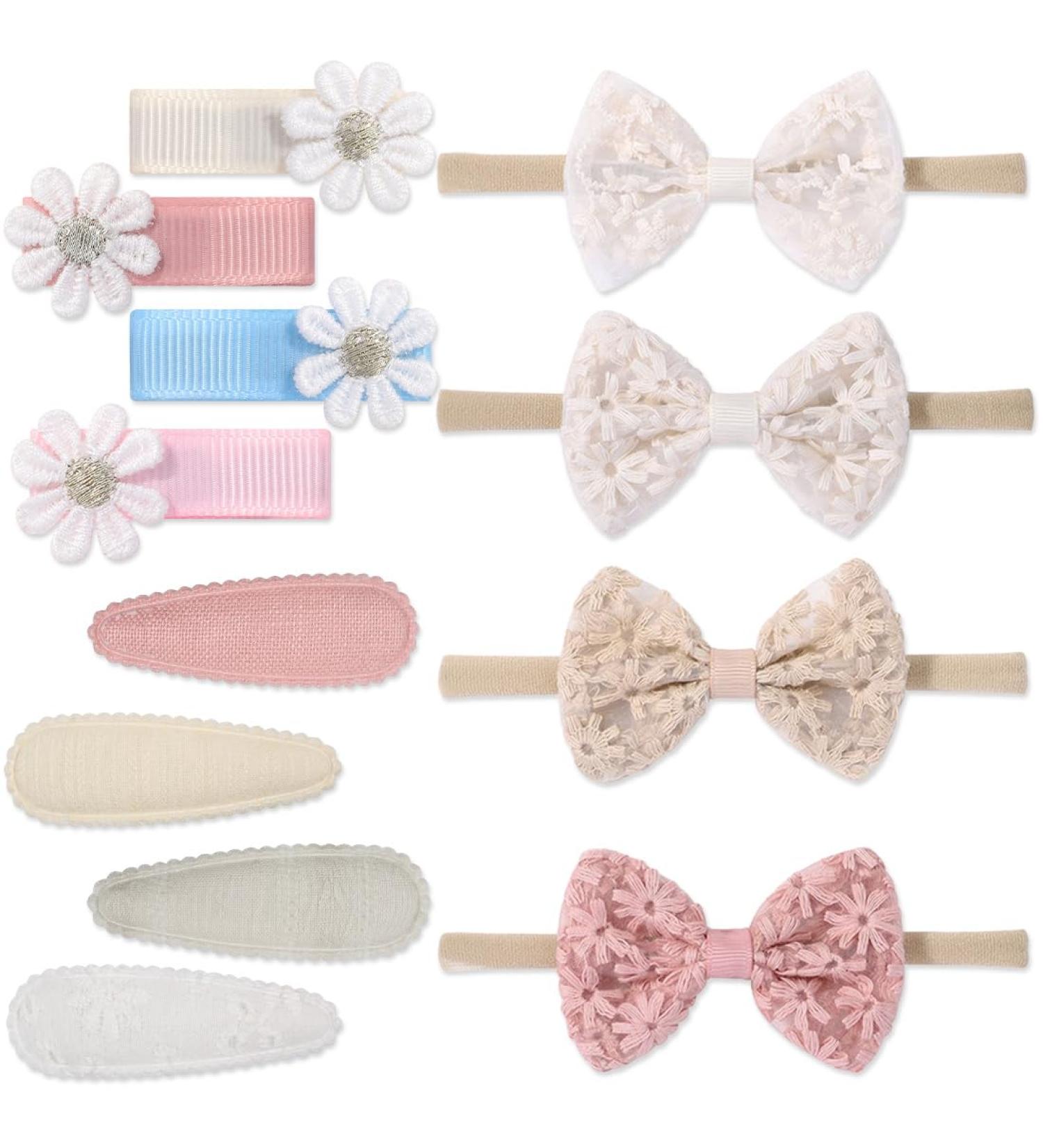 Beautiful 12-Part Baby Girl Headband Set - Cute Hair Accessories for Newborns & Toddlers | Embroidered Clips & Elastic Bands - Buy Online on GoSupps.com