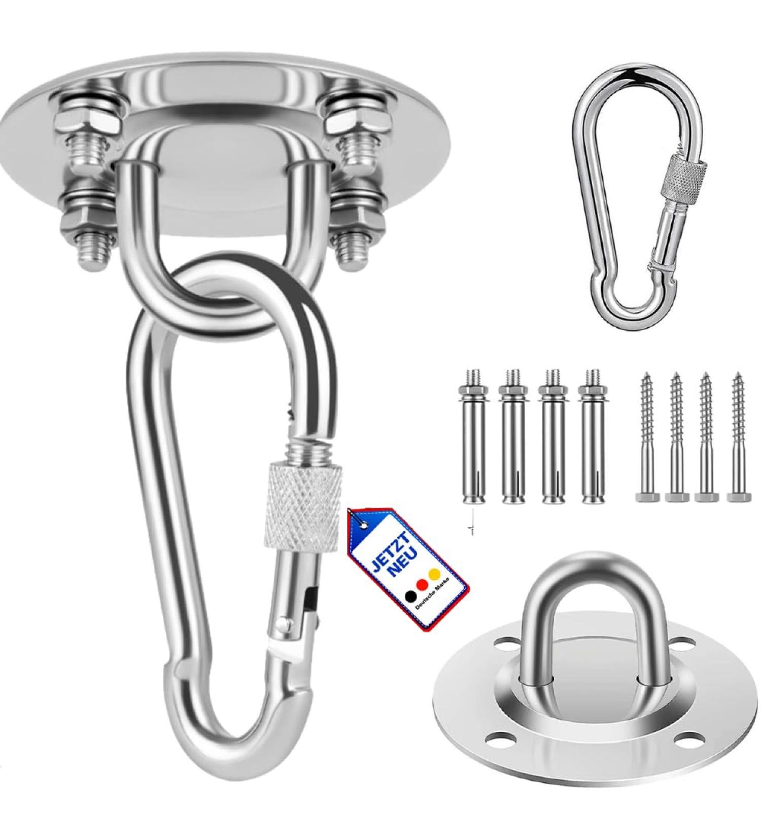 Tajox Premium Stainless Steel Ceiling Hook - 450kg Heavy Load Portable Suspension Swing Hook with Carabiner & Screw | 360 Rotatable for Hanging Chairs Swings & Punching Bags - International Shipping Available - Buy Online on GoSupps.com
