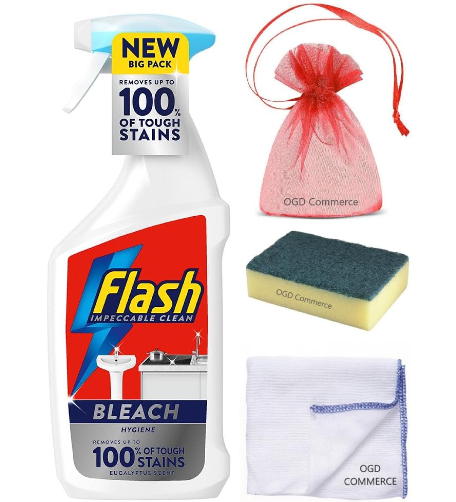 Flash with Bleach Multi Purpose Cleaning Spray 800ml Eucalyptus Scent + for You: Cleaning Cloth + Scourer sponge + Organza Small Bag - Buy Online on GoSupps.com