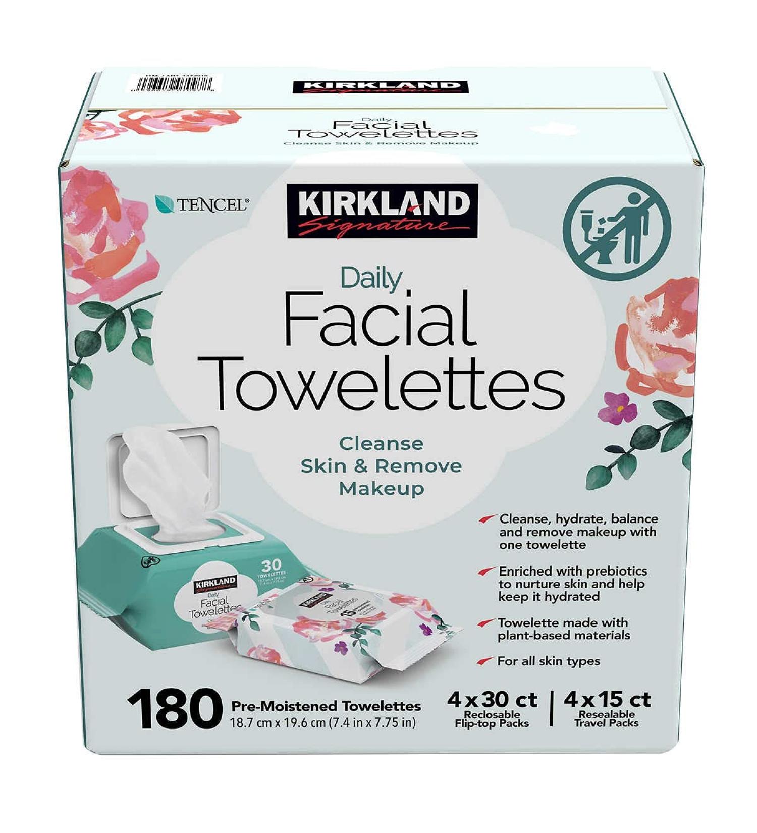Kirkland Daily Facial Towelettes 180 CT - Hypoallergenic & Alcohol-Free | 8 Packs | Pre-Moistened & Travel-Friendly - Buy Online on GoSupps.com