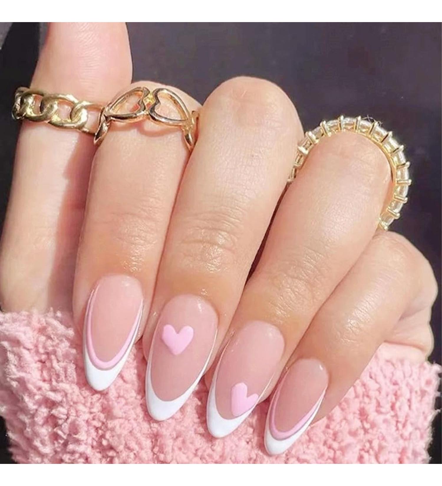 24Pcs French False Nails White Tip - Medium Length Almond Pink Press on Nails with Ballet Heart Design - Buy Online on GoSupps.com