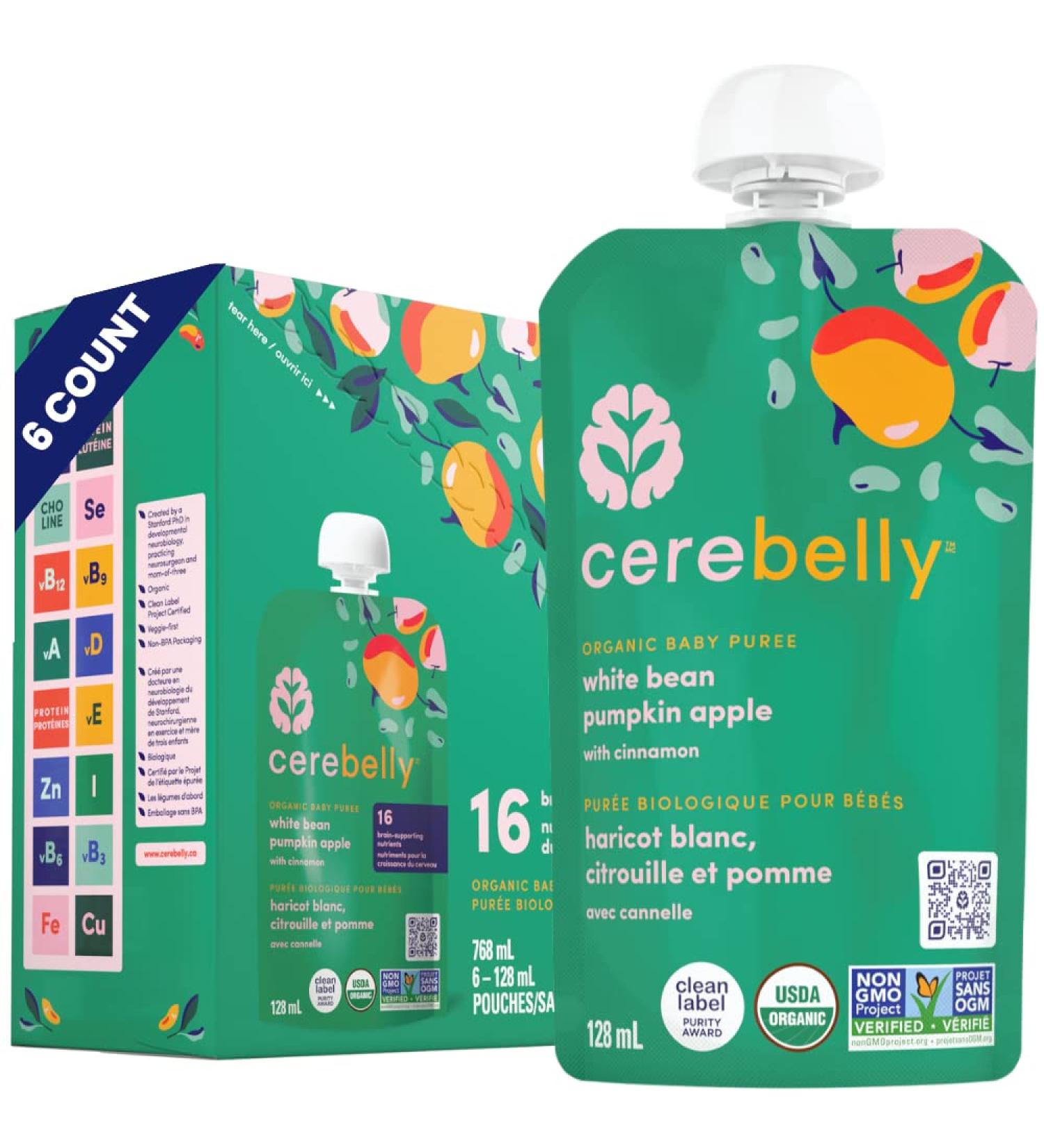 Cerebelly Baby Food Pouches Organic White Bean Pumpkin Apple (4 oz Pack of 6) - 16 Nutrients from Superfoods - Healthy Snacks Made with Gluten-Free Ingredients BPA-Free Non-GMO No Added Sugar White Bean Pumpkin Apple 4 Ounce (Pack of 6) - Buy Online on GoSupps.com